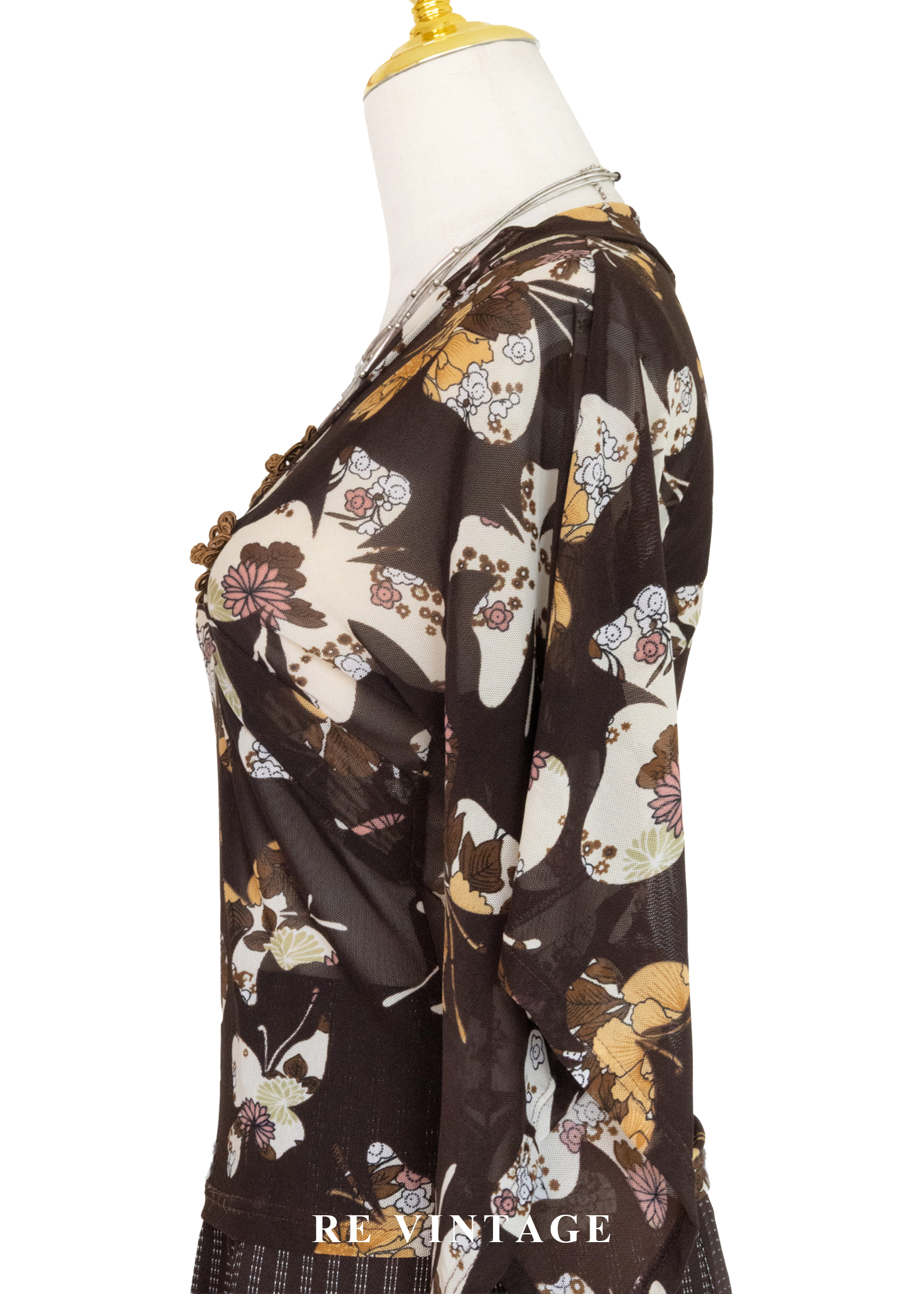 昭和風蝴蝶盤釦花卉微透紡衫8