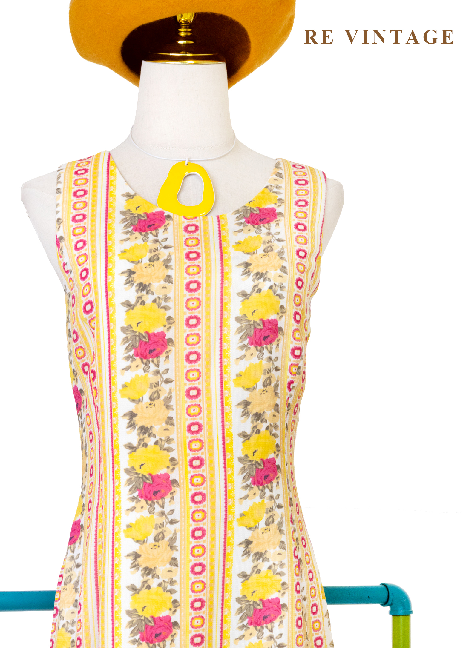 奶油檸檬黃線條粉紅玫瑰迷你洋裝3