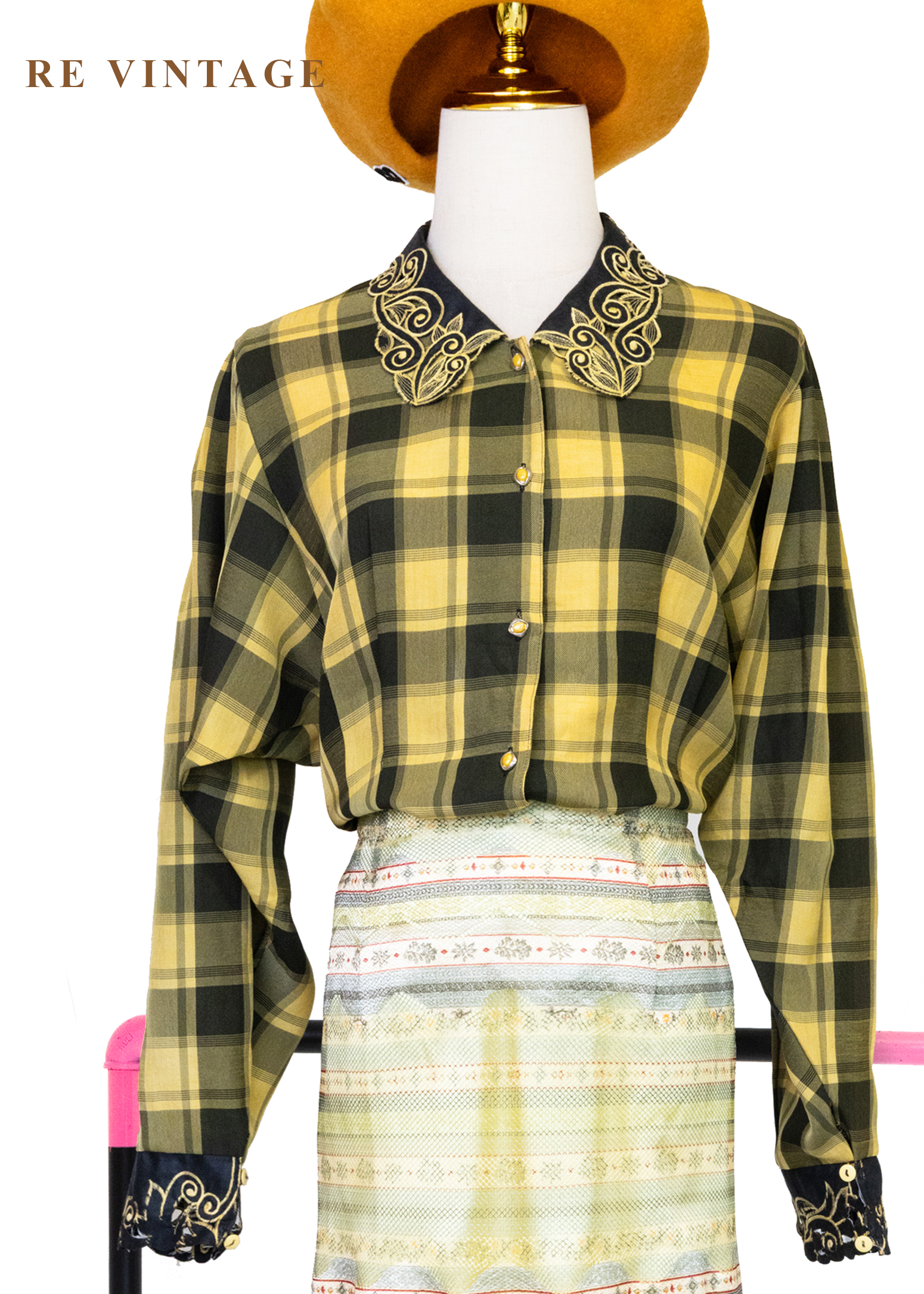 朦朦黃綠格紋刺繡靈魂襯衫