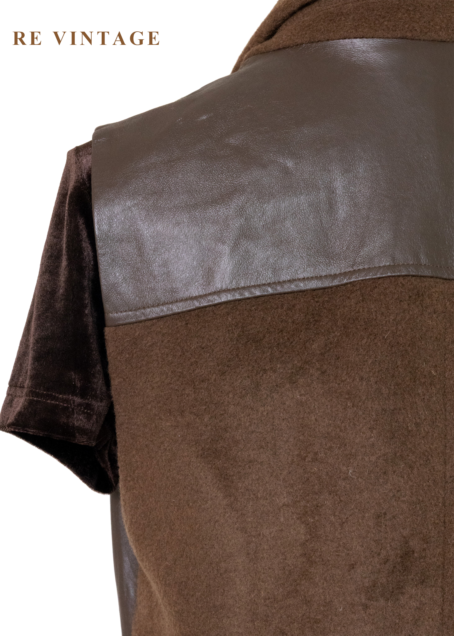 木桃色皮革拼接毛呢長版背心11