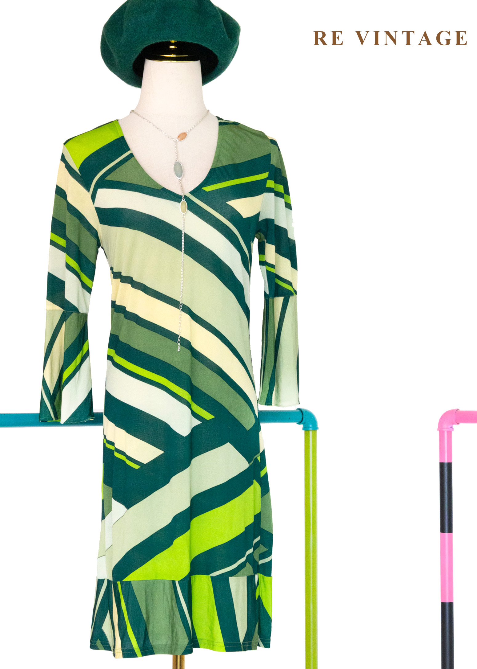 摩登綠層層疊疊幾何線條洋裝