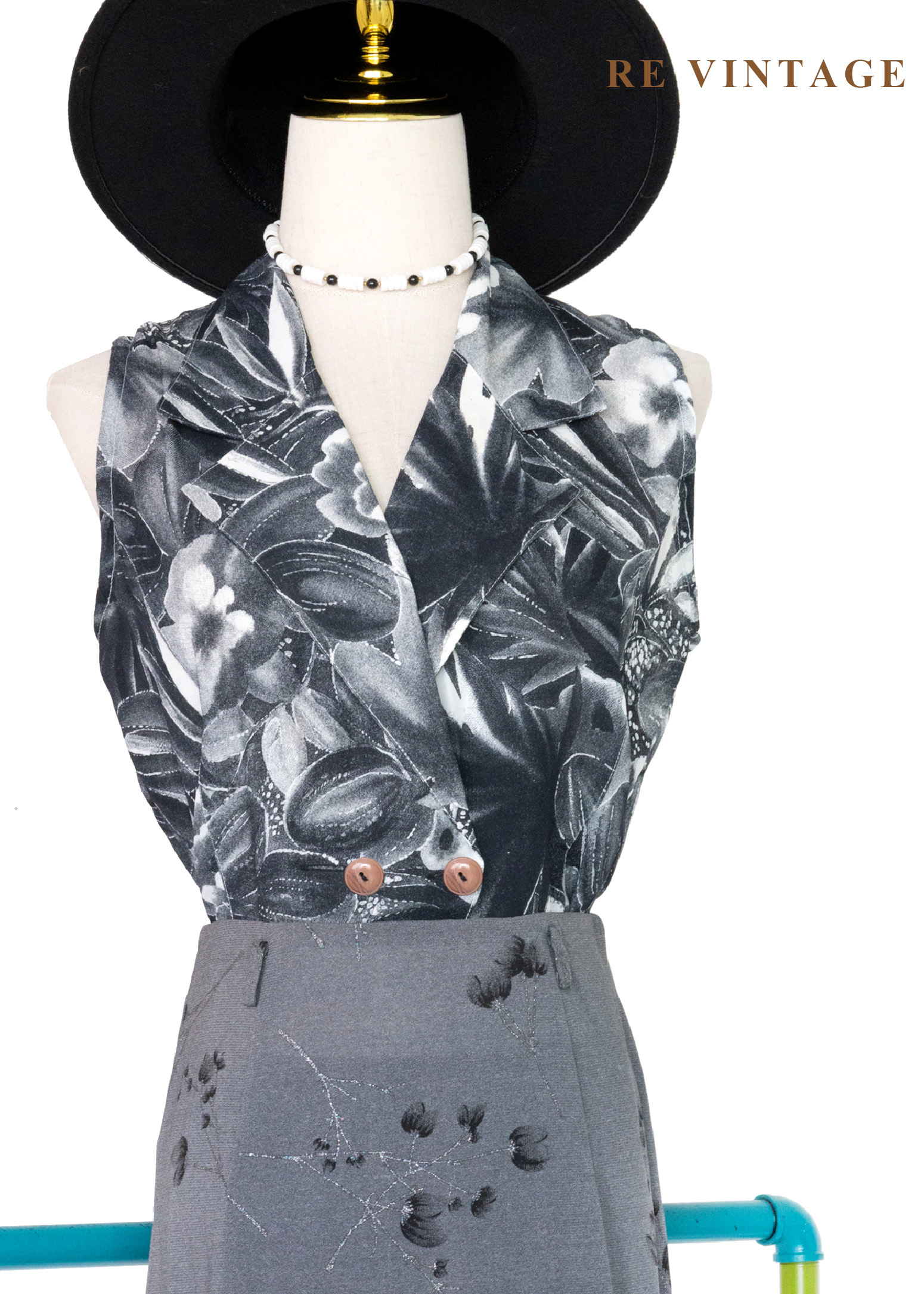 復古底片裡的花朵雙排釦背心