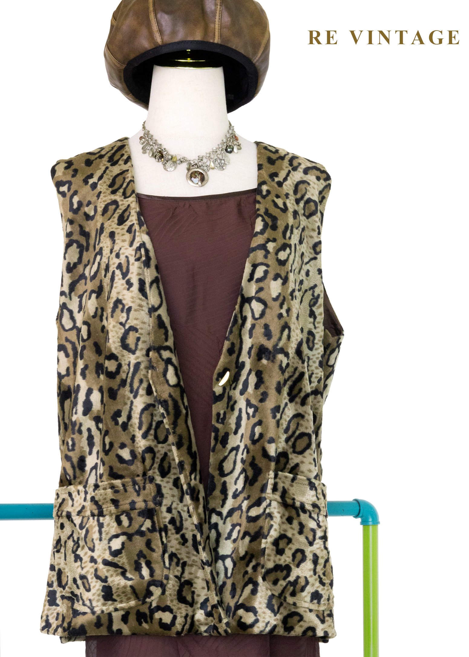 綠棕色野性豹影絨布寬版背心