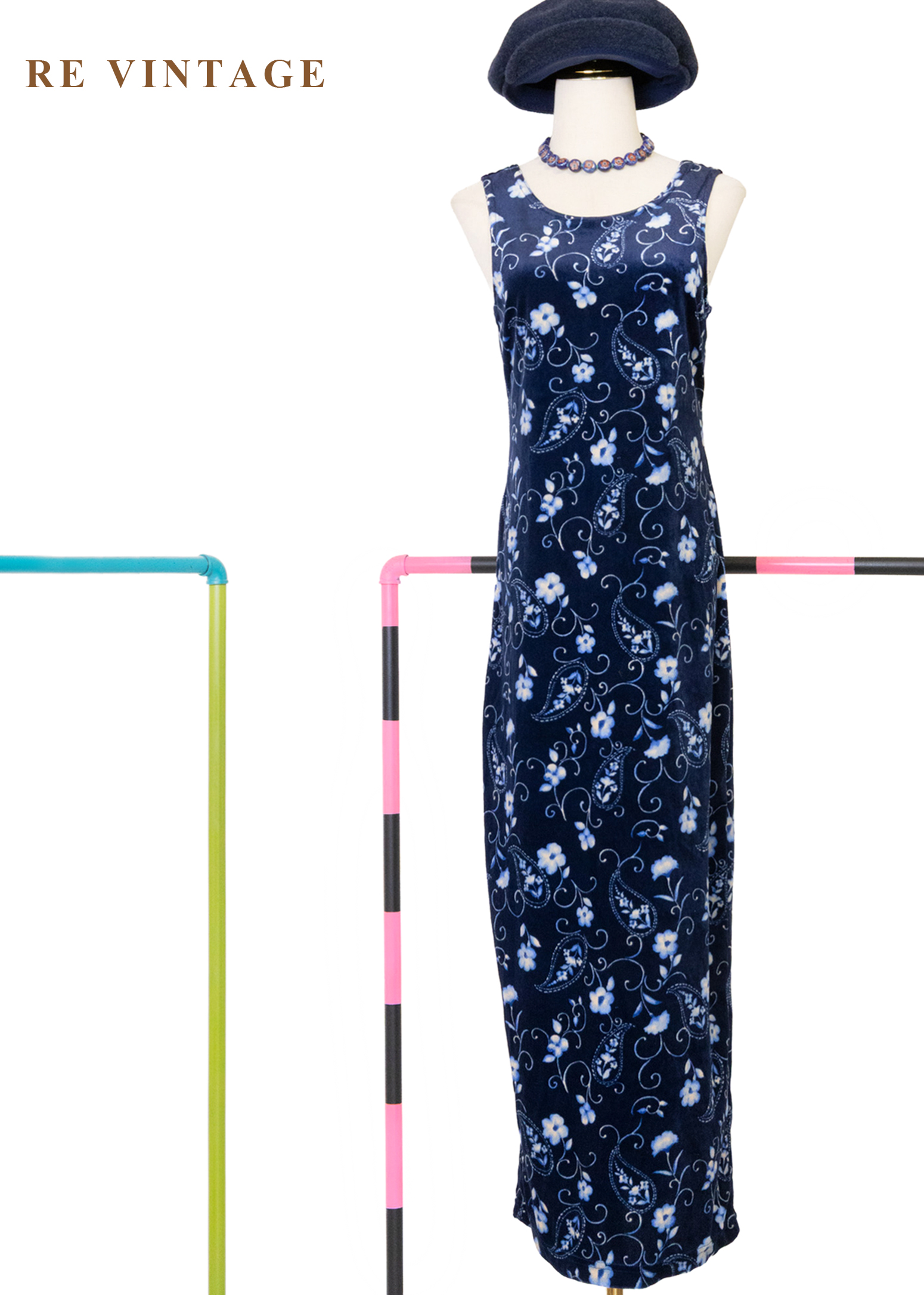 月光身藍花會絨布長洋裝