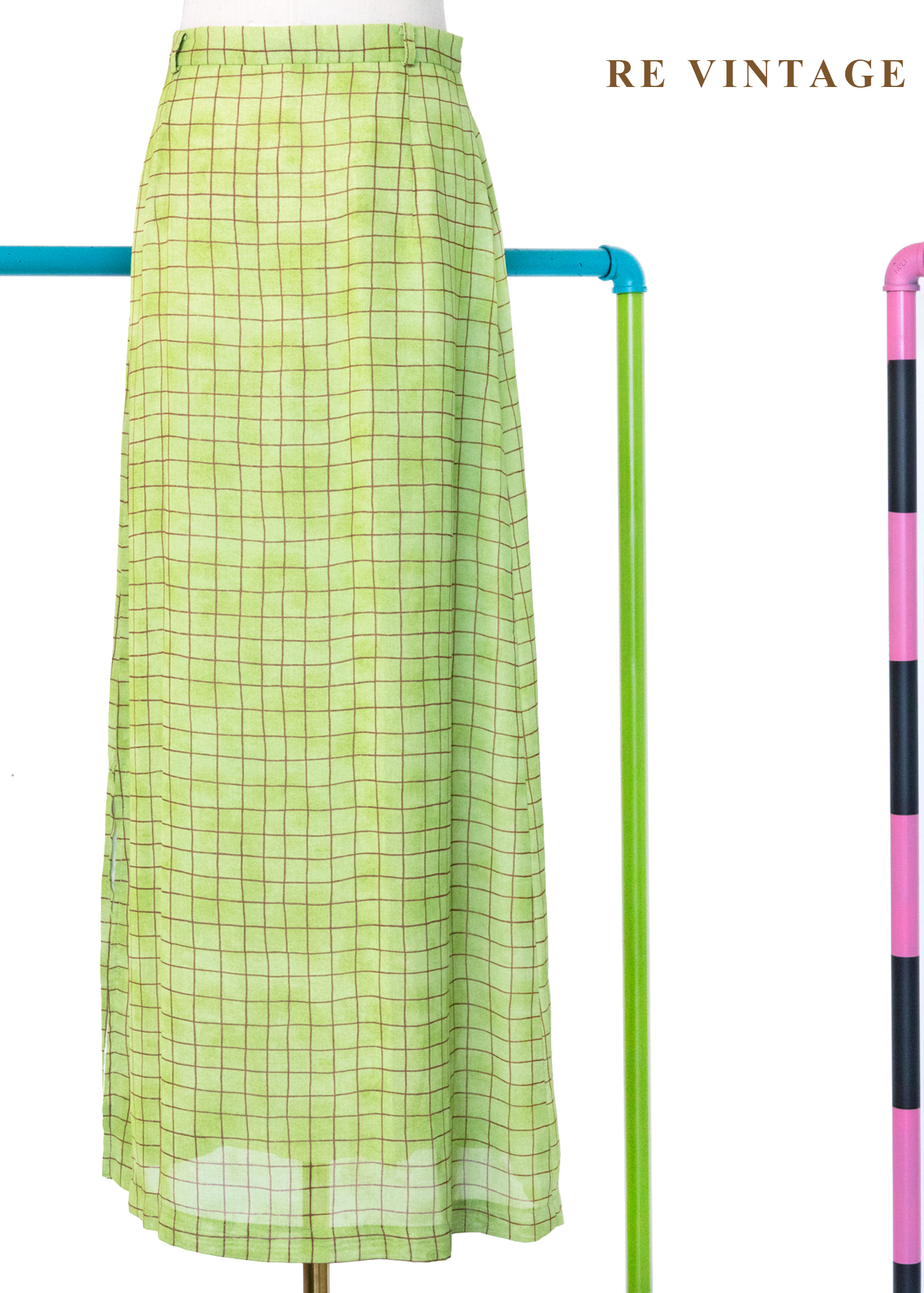 青寧色水彩暈染草地格紋長裙（25"）