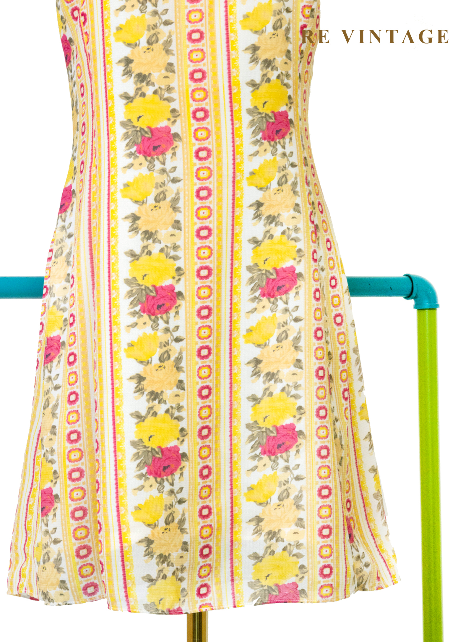 奶油檸檬黃線條粉紅玫瑰迷你洋裝4