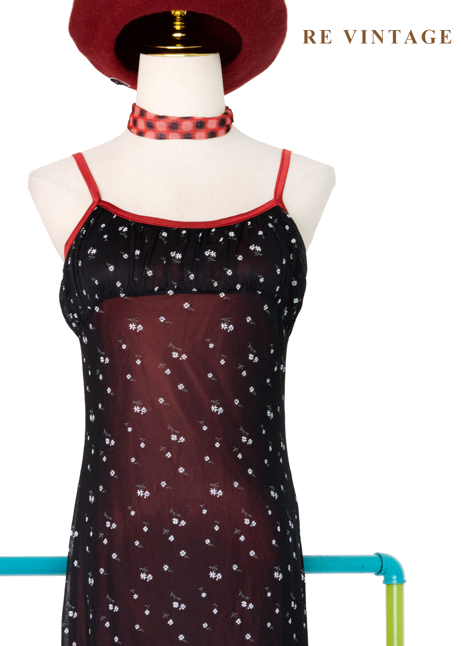 韓國製 - 紅光小花星空細肩帶洋裝3