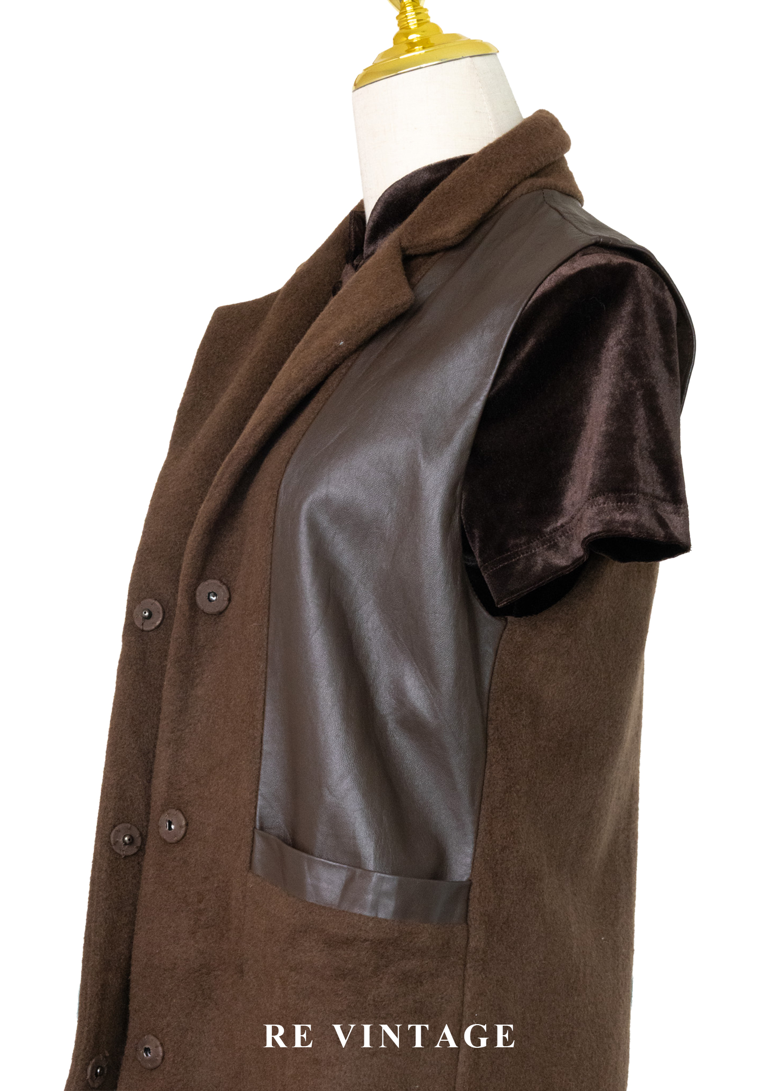 木桃色皮革拼接毛呢長版背心9