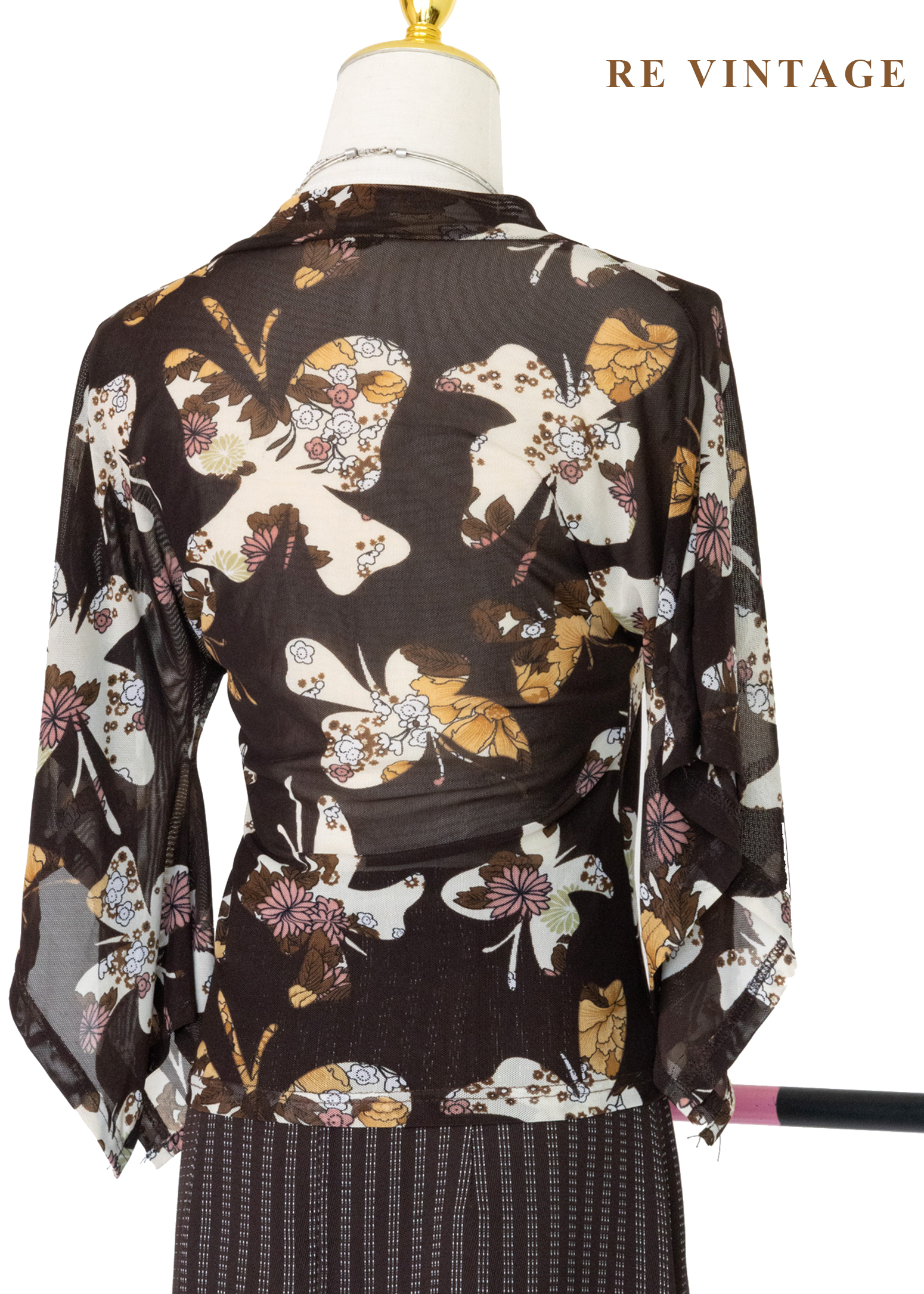 昭和風蝴蝶盤釦花卉微透紡衫9