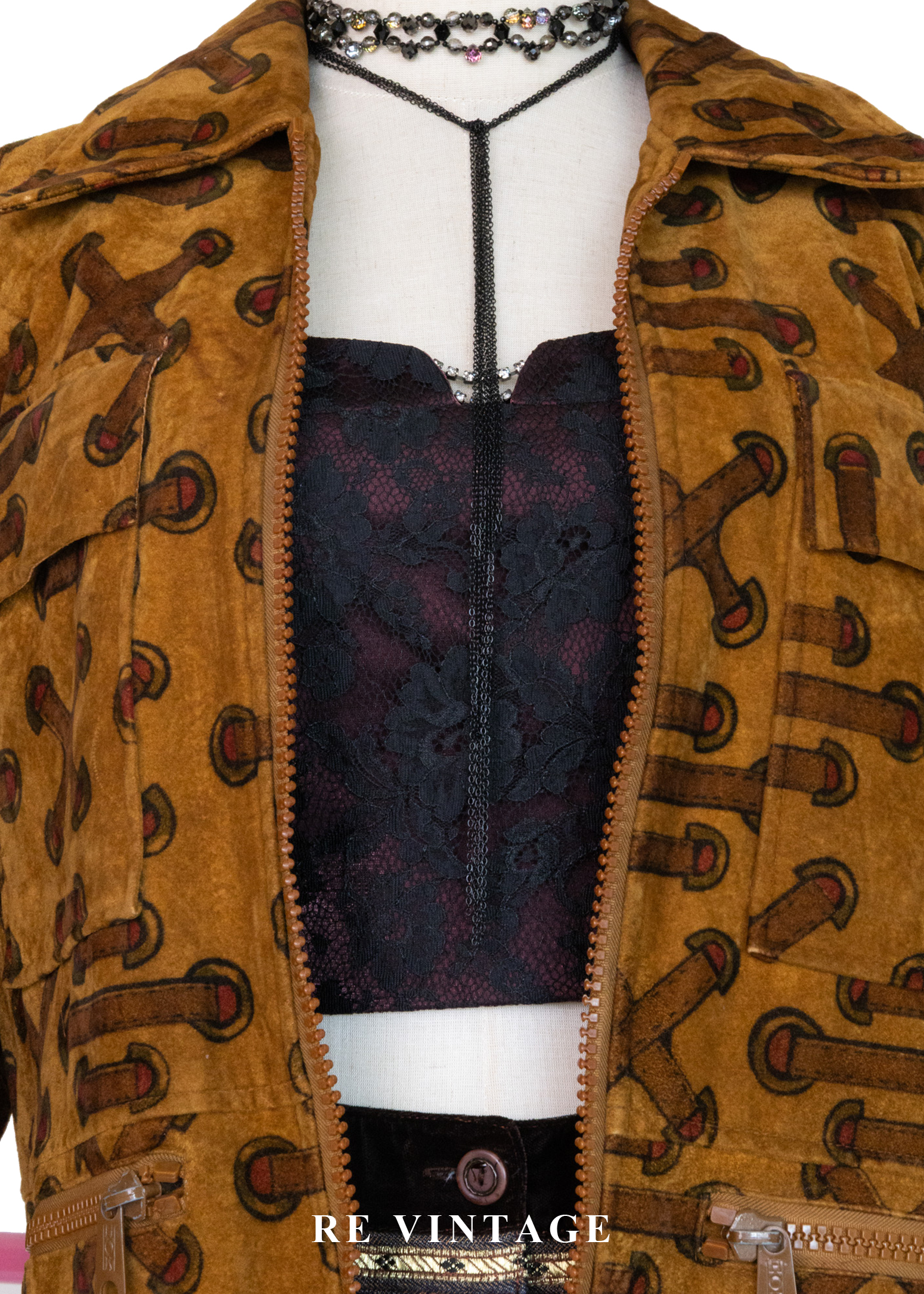 焦糖色穿繩記號麂皮長毛內裏外套3