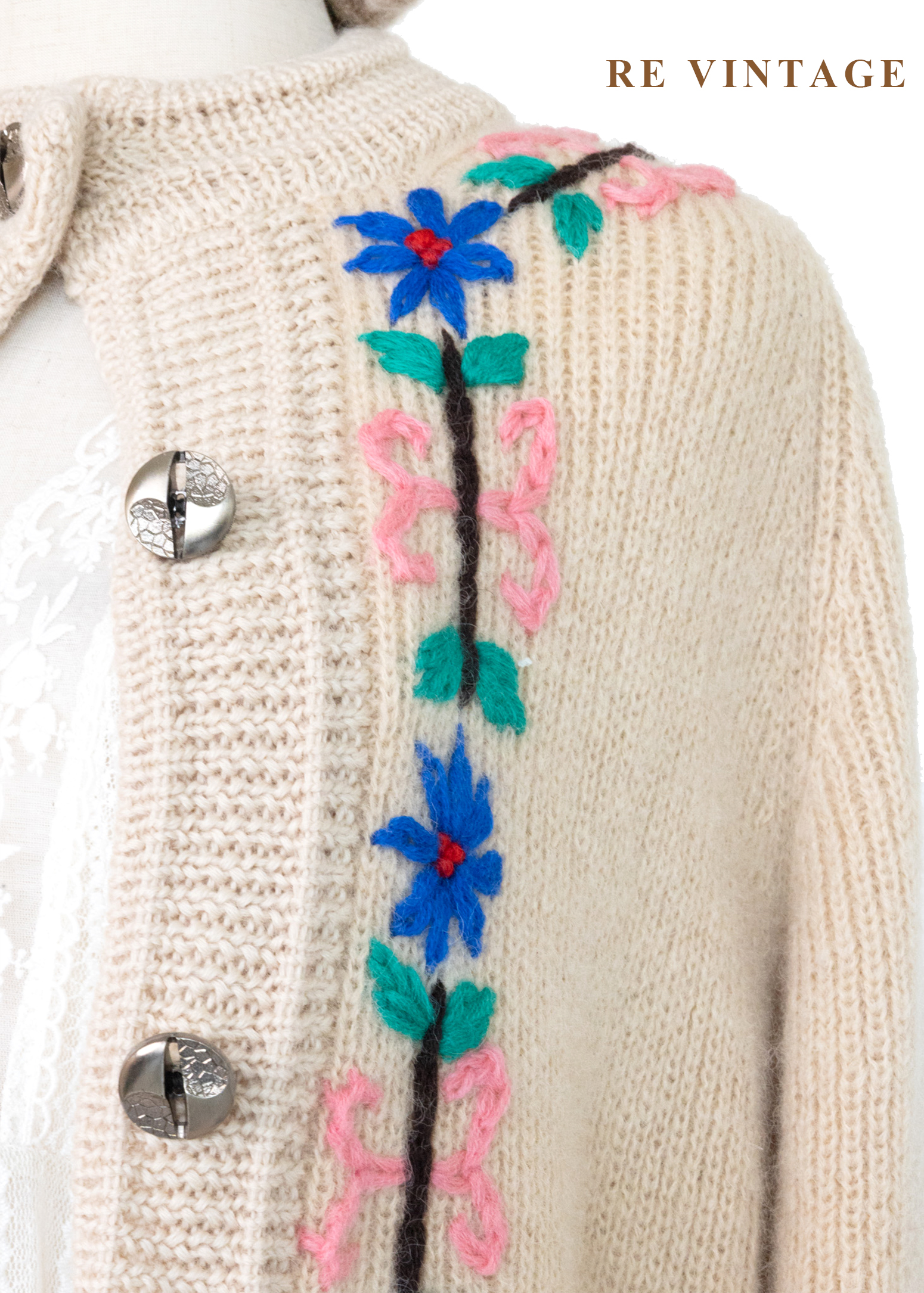 奶油白小花綻放毛料針織毛衣外套6