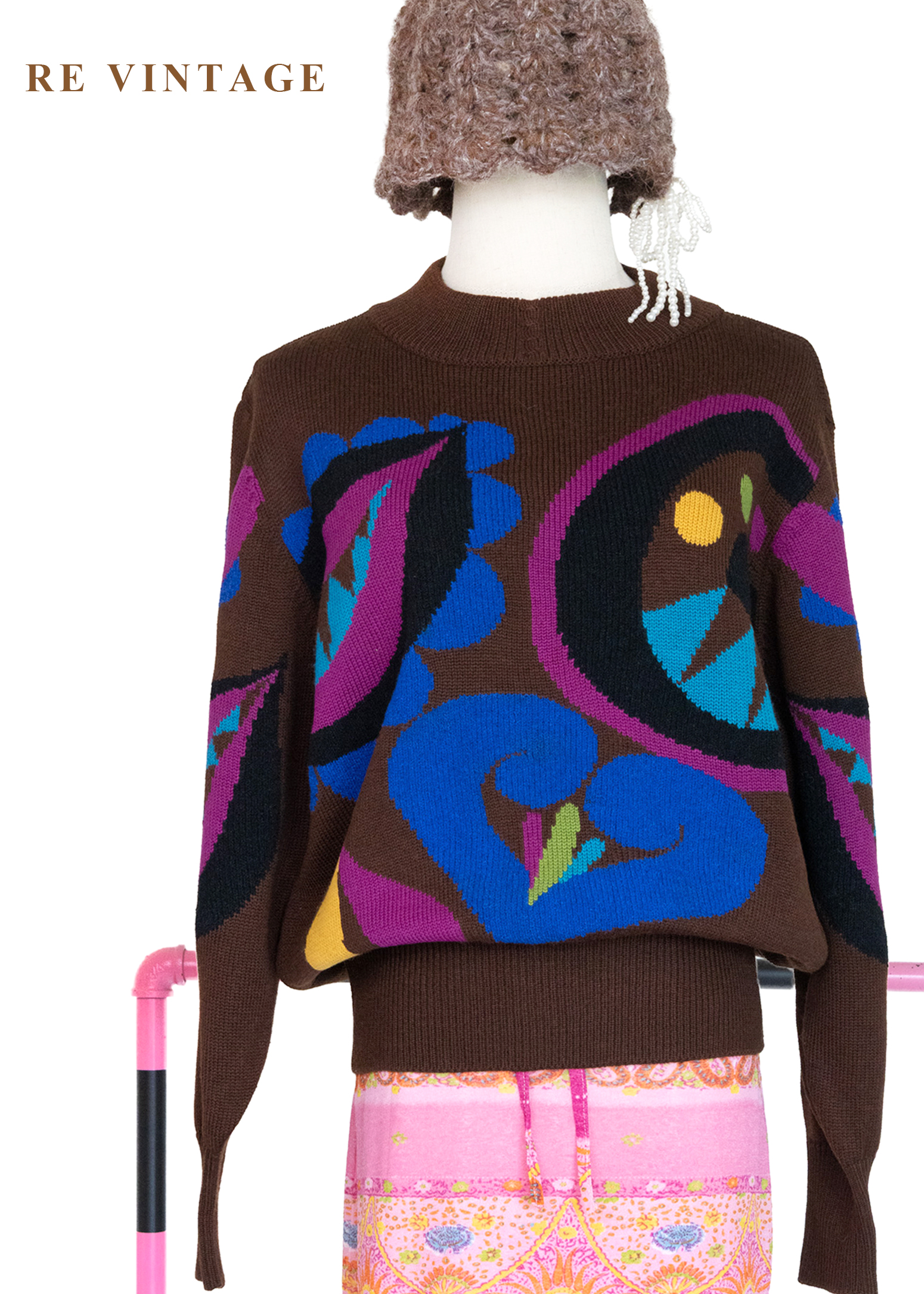 摩登普普抽象圖騰牛奶棕針織毛衣1