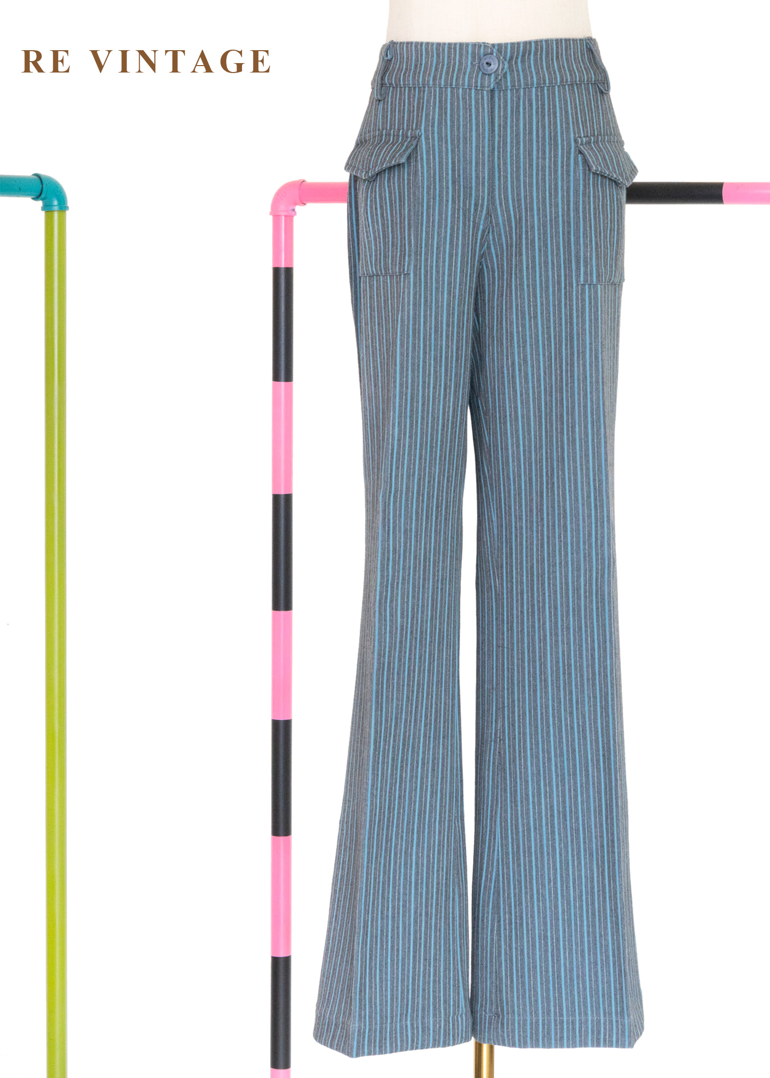 必備單品 - 街頭灰藍線條酷感長褲(30-32")