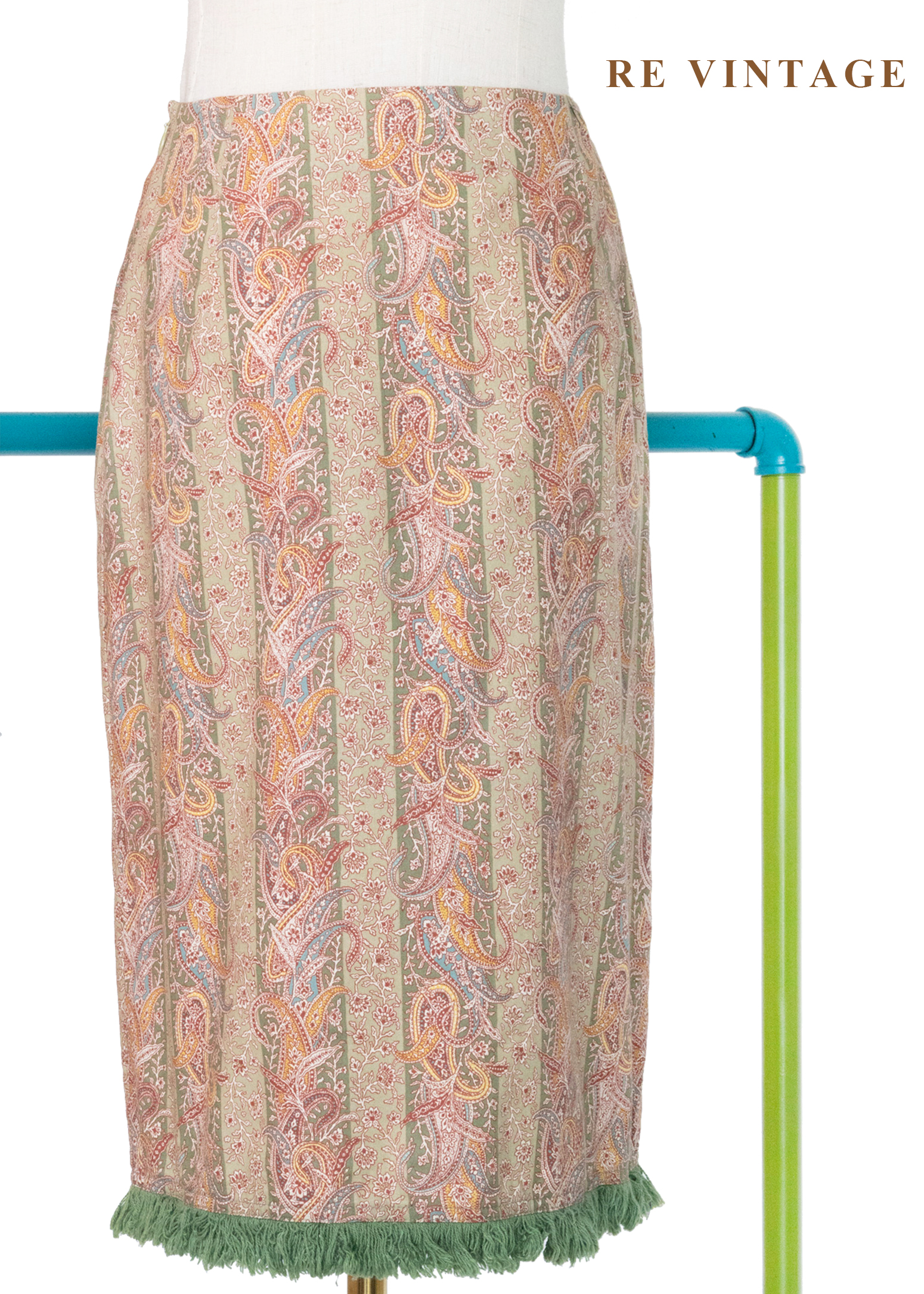 東方花紋草綠流蘇及膝裙（24.5）