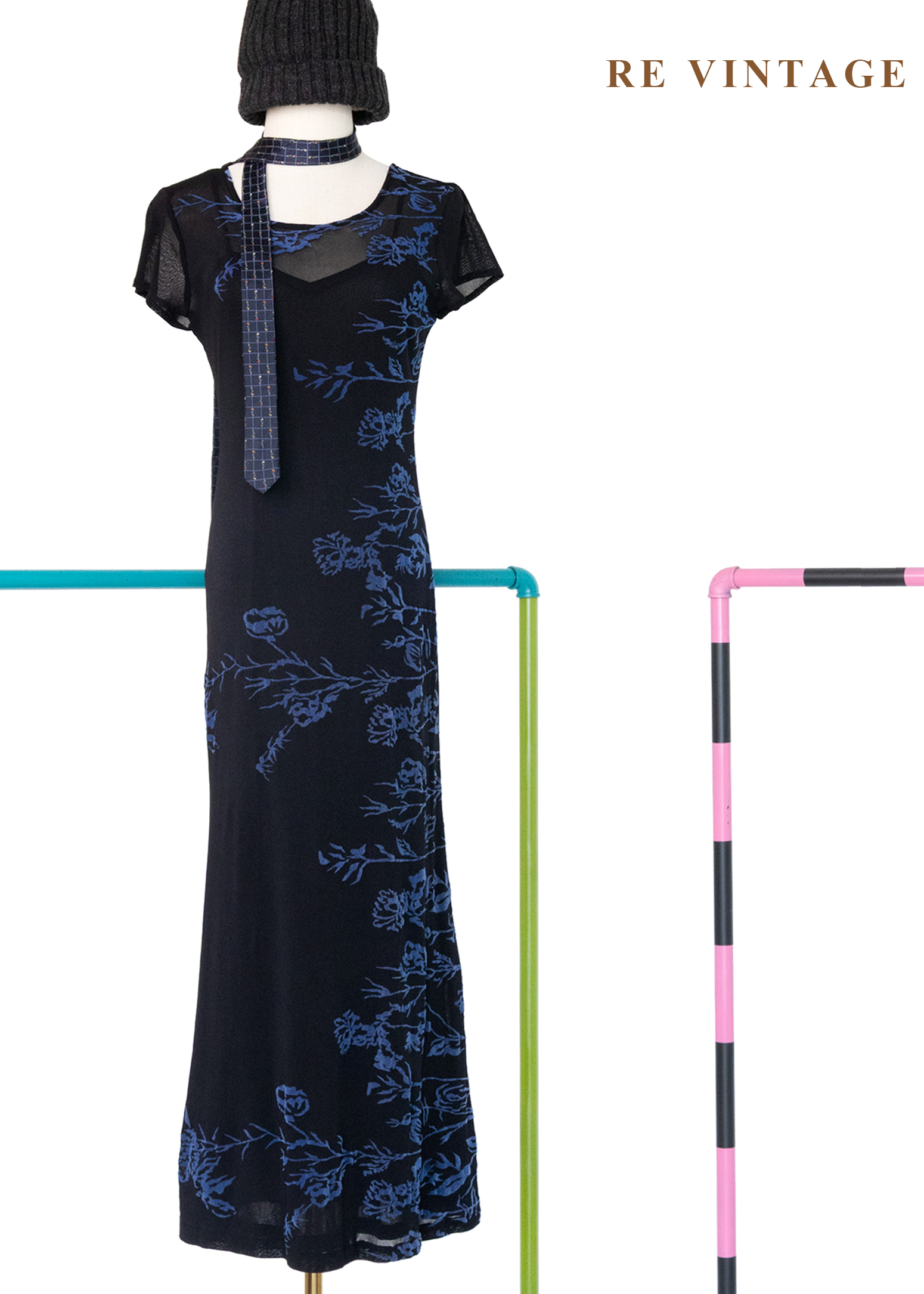 知性藍色植物標本黑底長洋裝