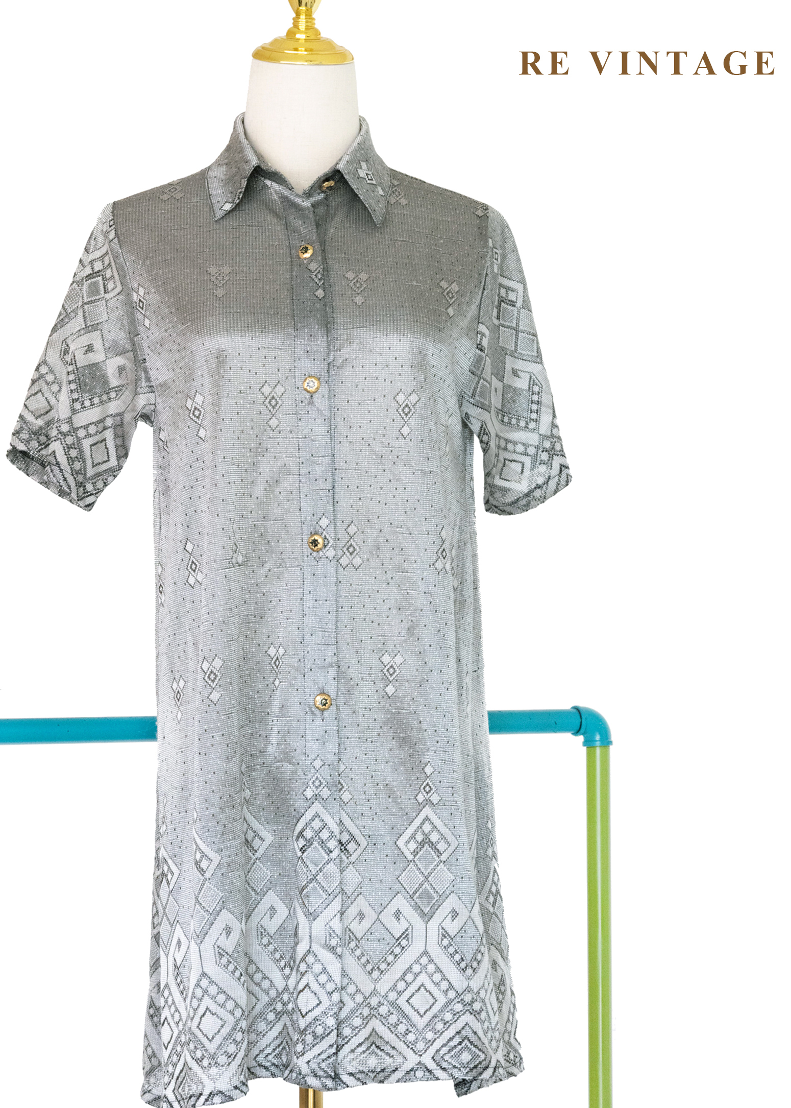 冷灰民族圖騰短袖洋裝