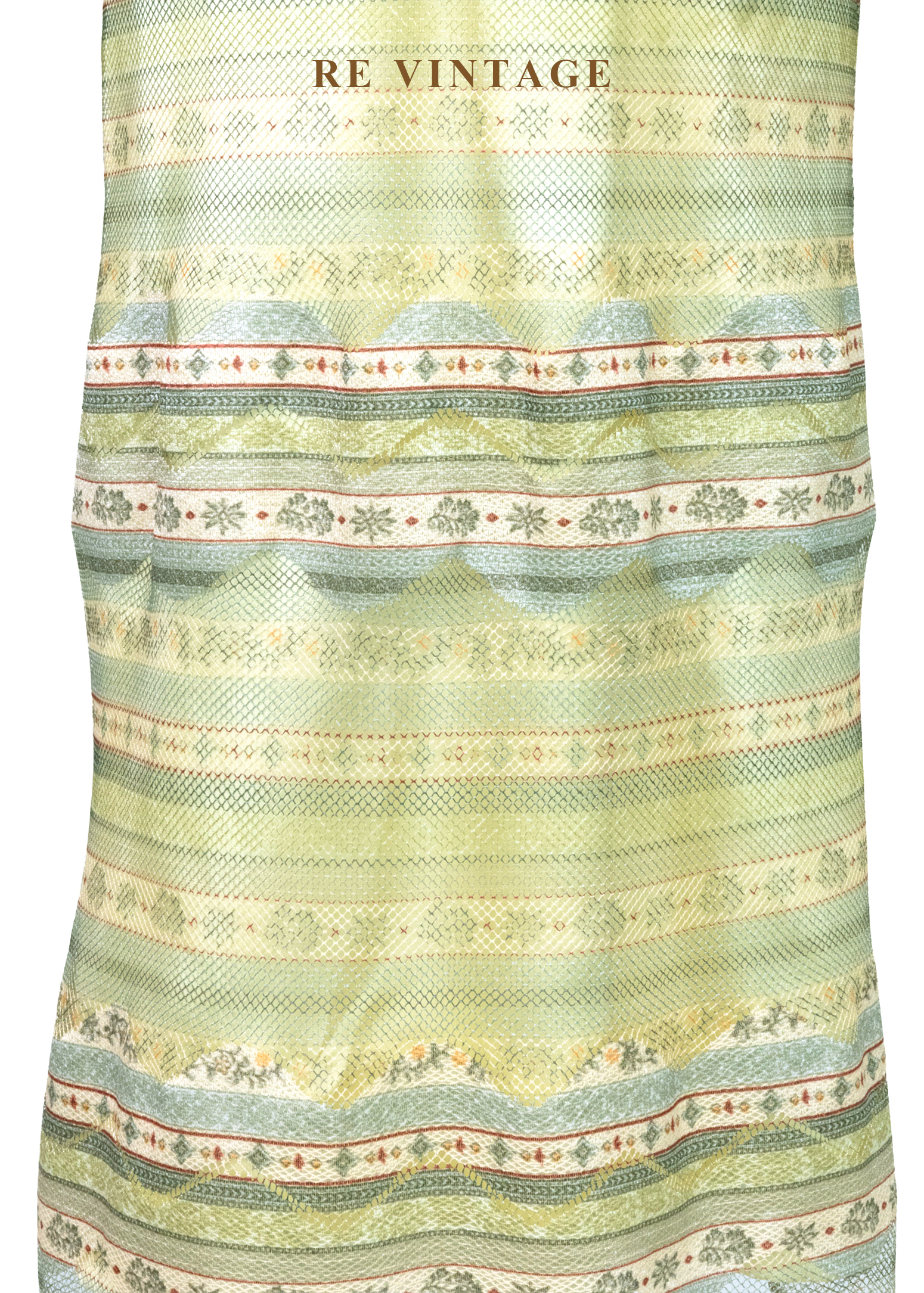 黃綠調春日湖水線條圖騰中長裙(25")5