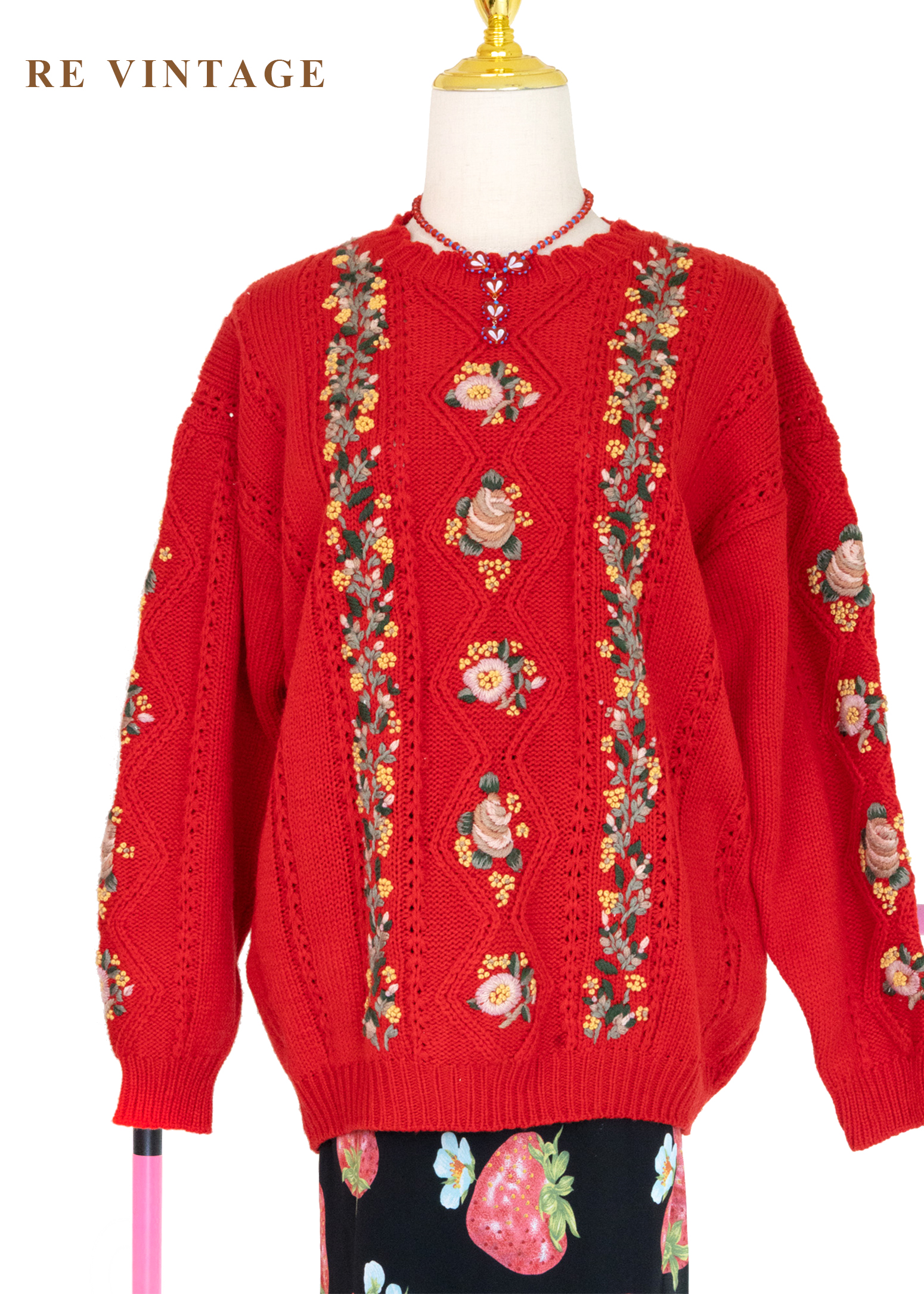 冬日花語 - 暖紅花卉針織毛衣