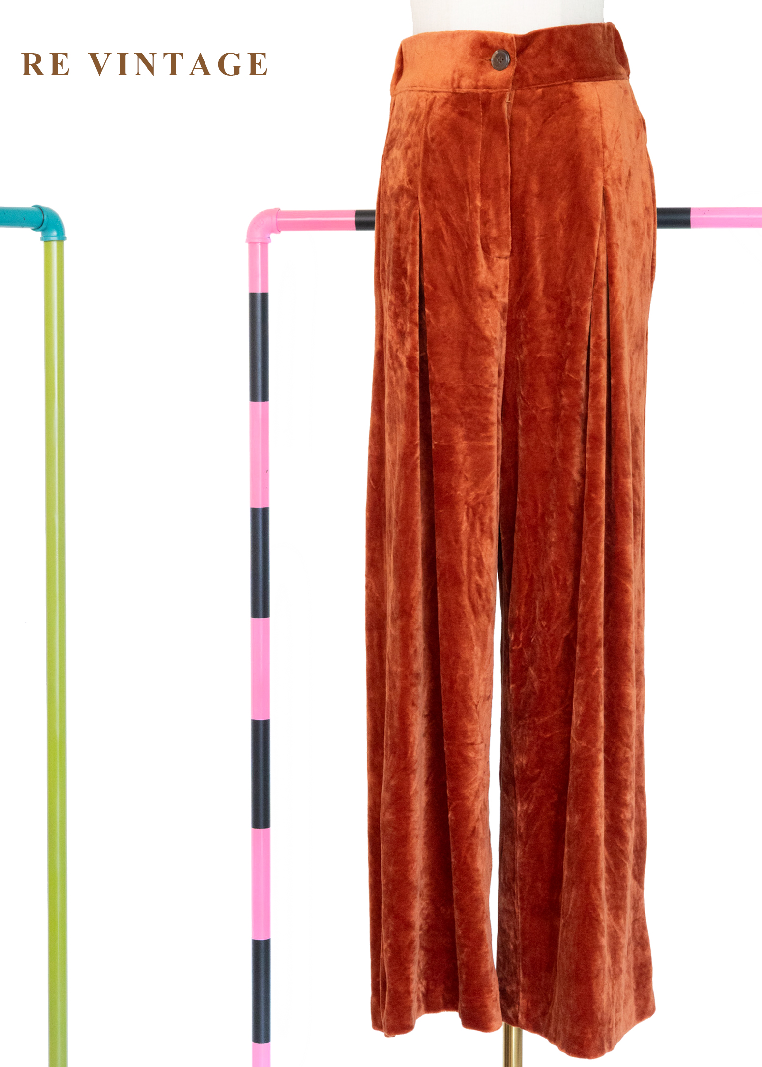 紅調暖橘色高腰寬版絨布長褲（24-28"）
