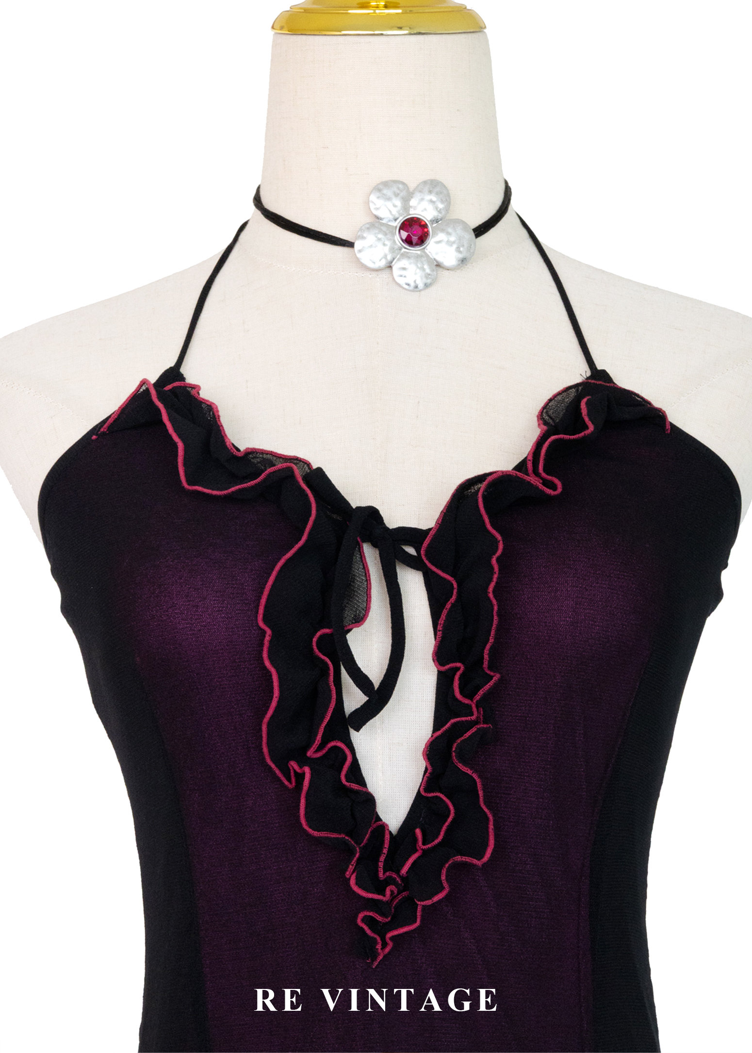 黑夜裡盛開的紫紅花繞頸長洋裝7