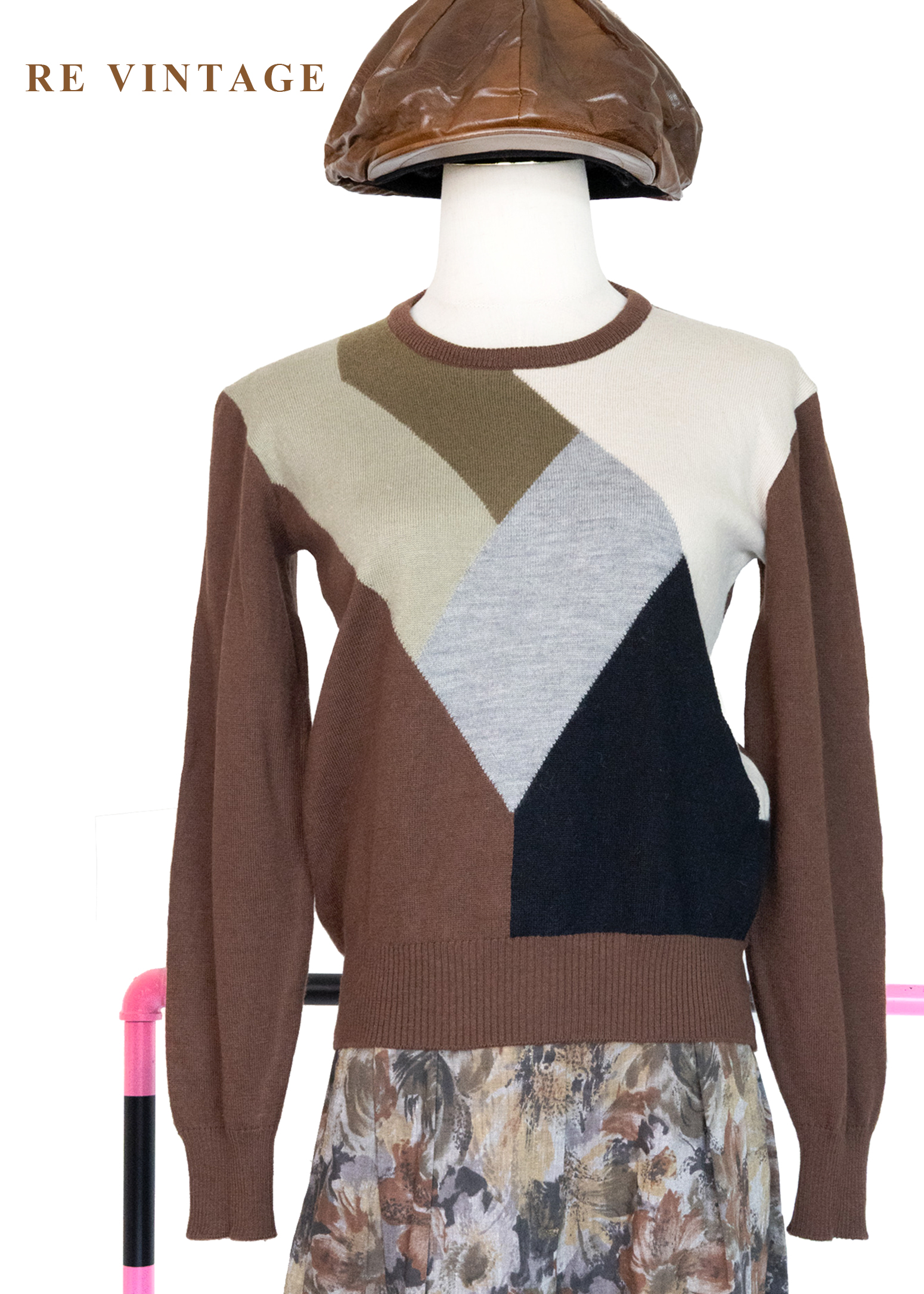 大地色拼接色塊針織毛衣1