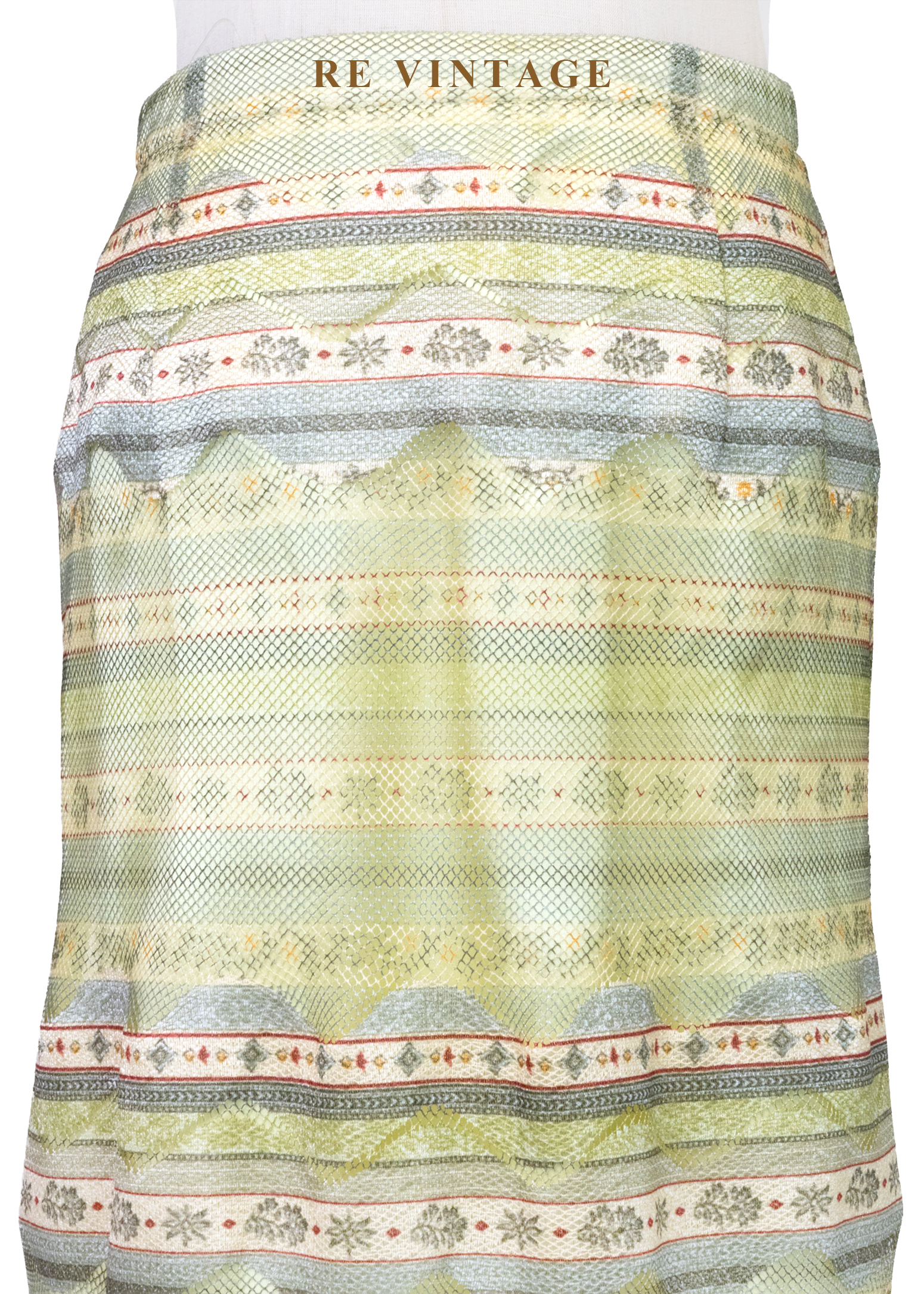 黃綠調春日湖水線條圖騰中長裙(25")3