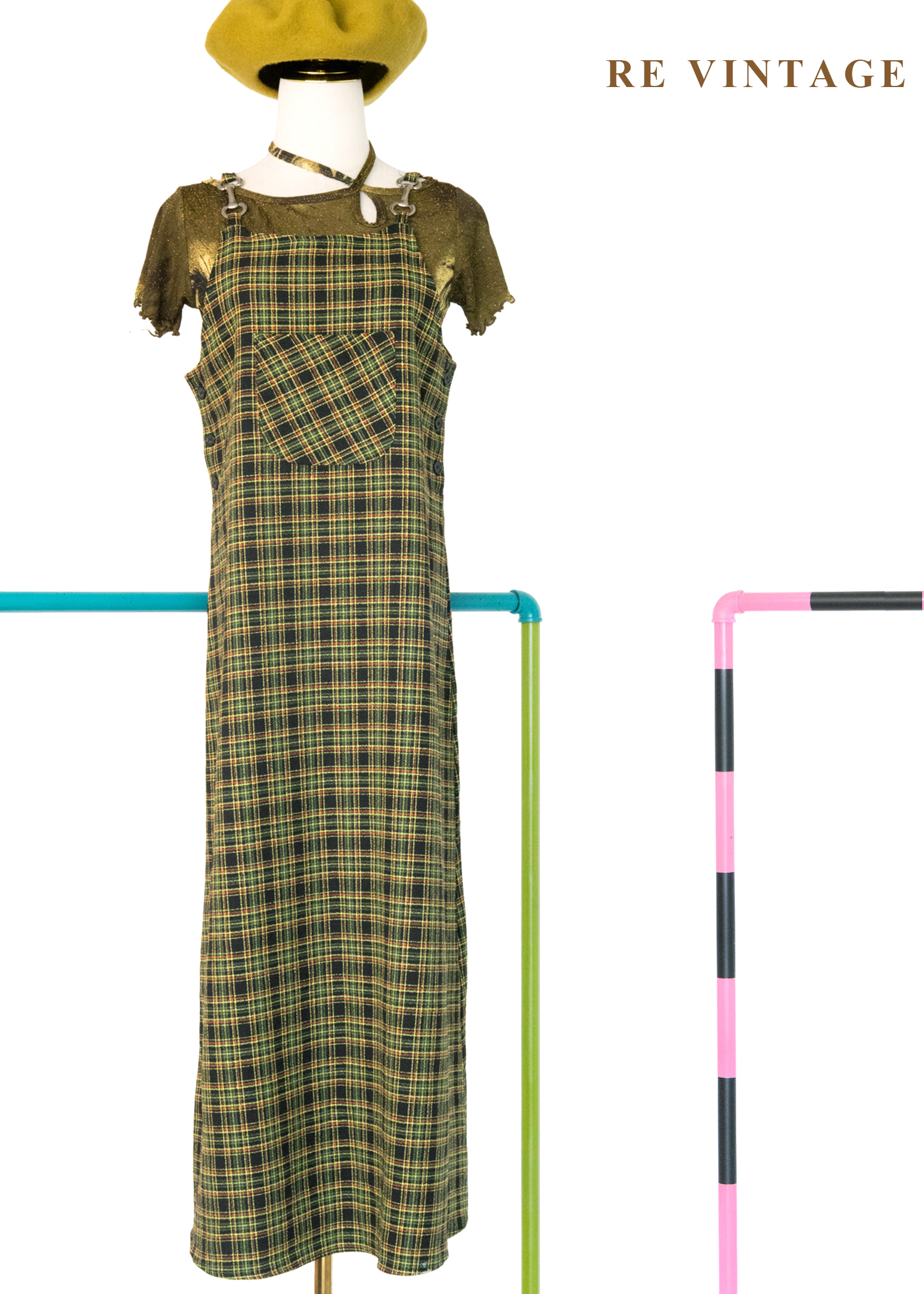 檸檬橄欖綠格紋銀骨頭吊帶長洋裝