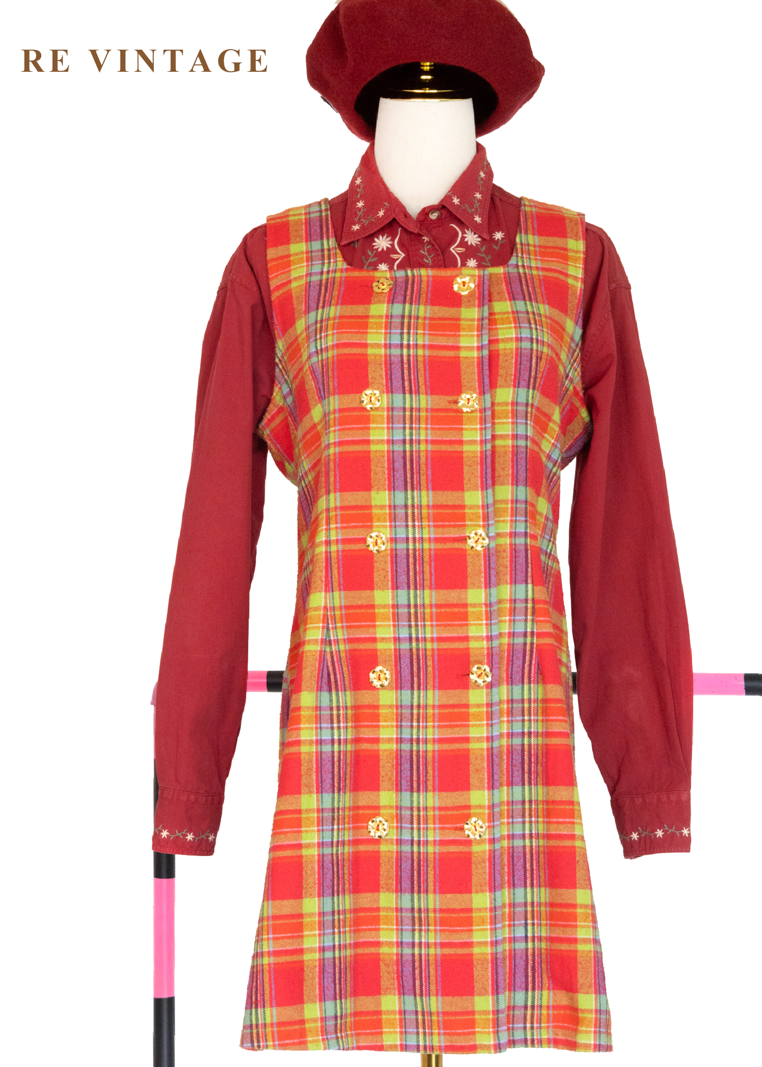 秋冬質感單品 - 甜美紅格紋迷你洋裝