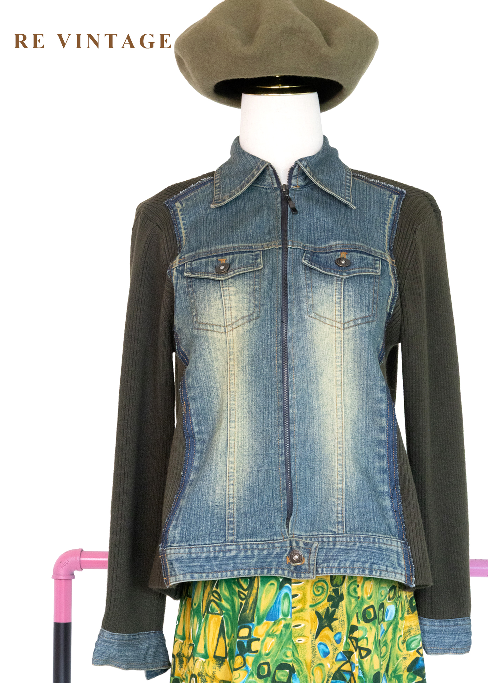 Casual 墨綠拼接單寧外套