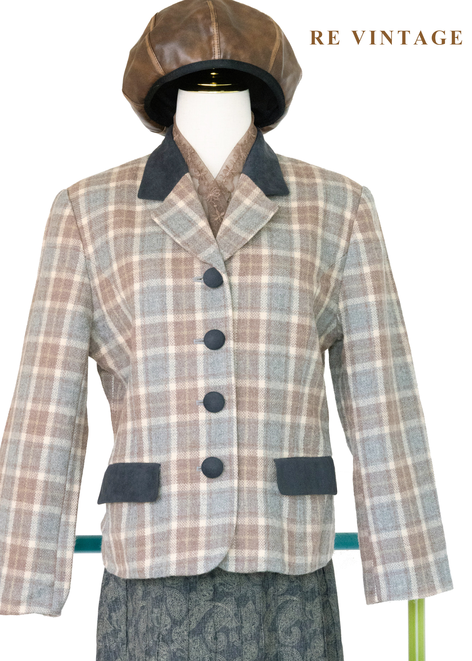 霧灰奶茶色格紋毛呢西裝外套