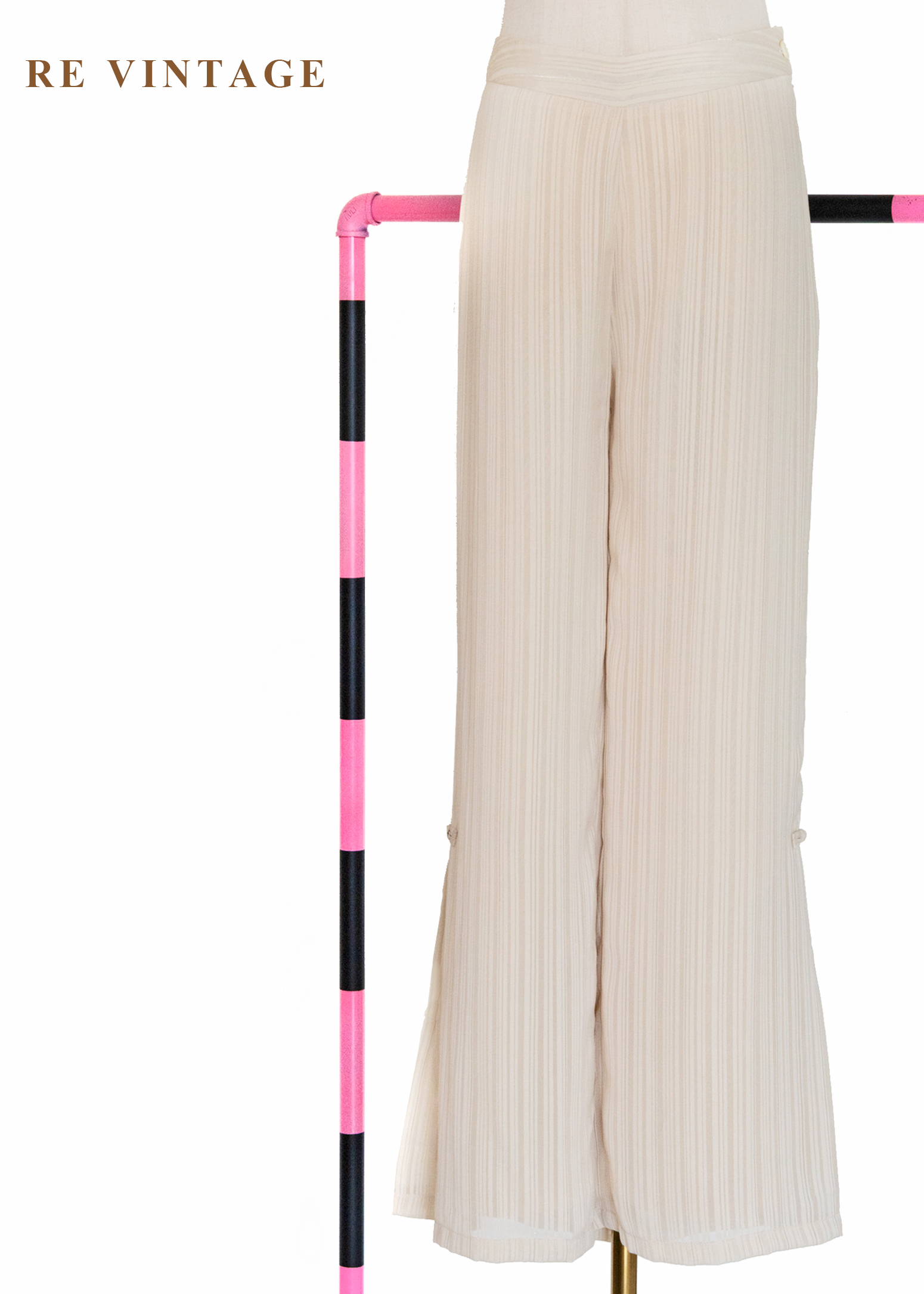 奶油白線條中國釦高腰直筒褲（27"）