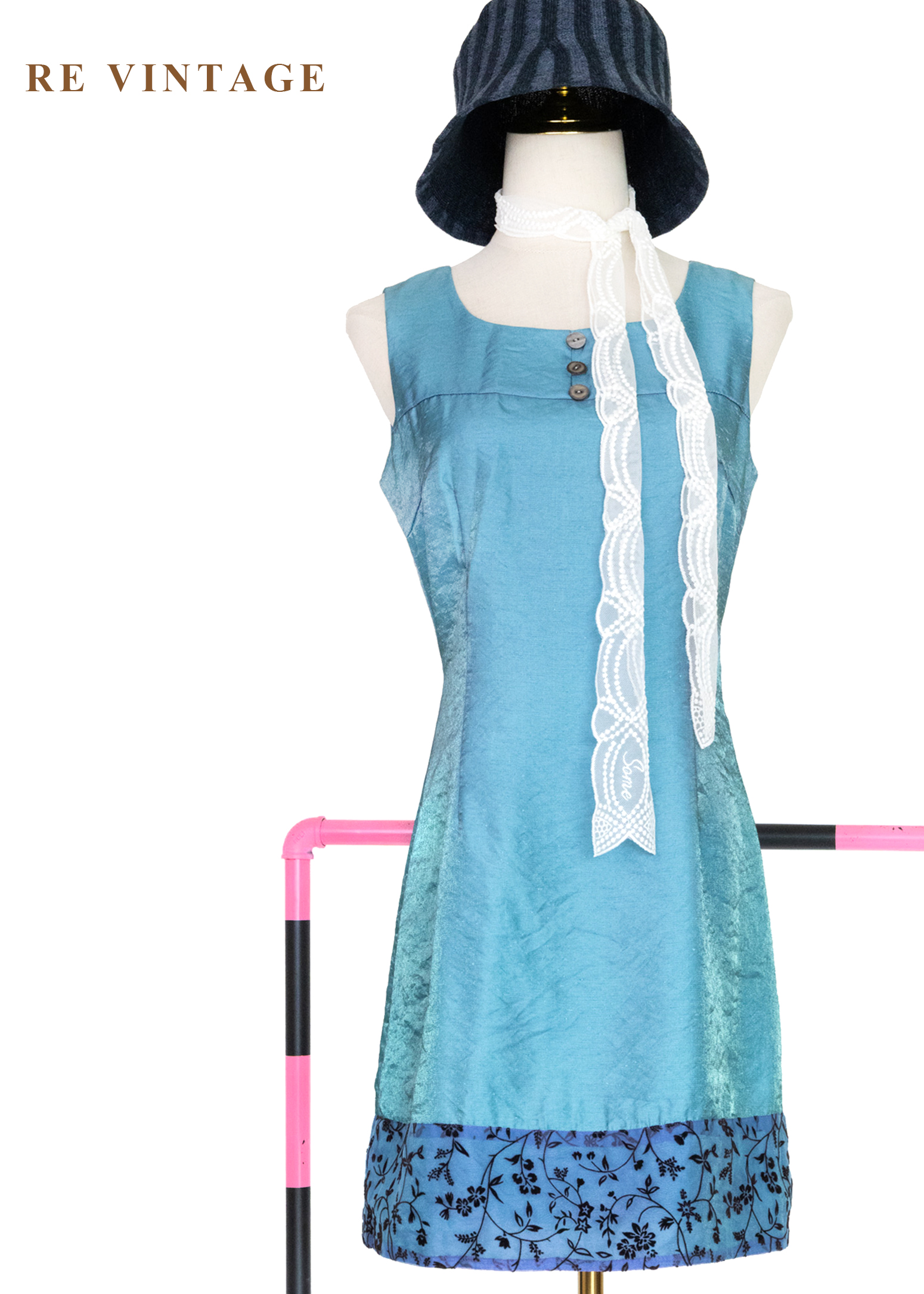 翡冷翠的湖光方領小色花拼接洋裝1