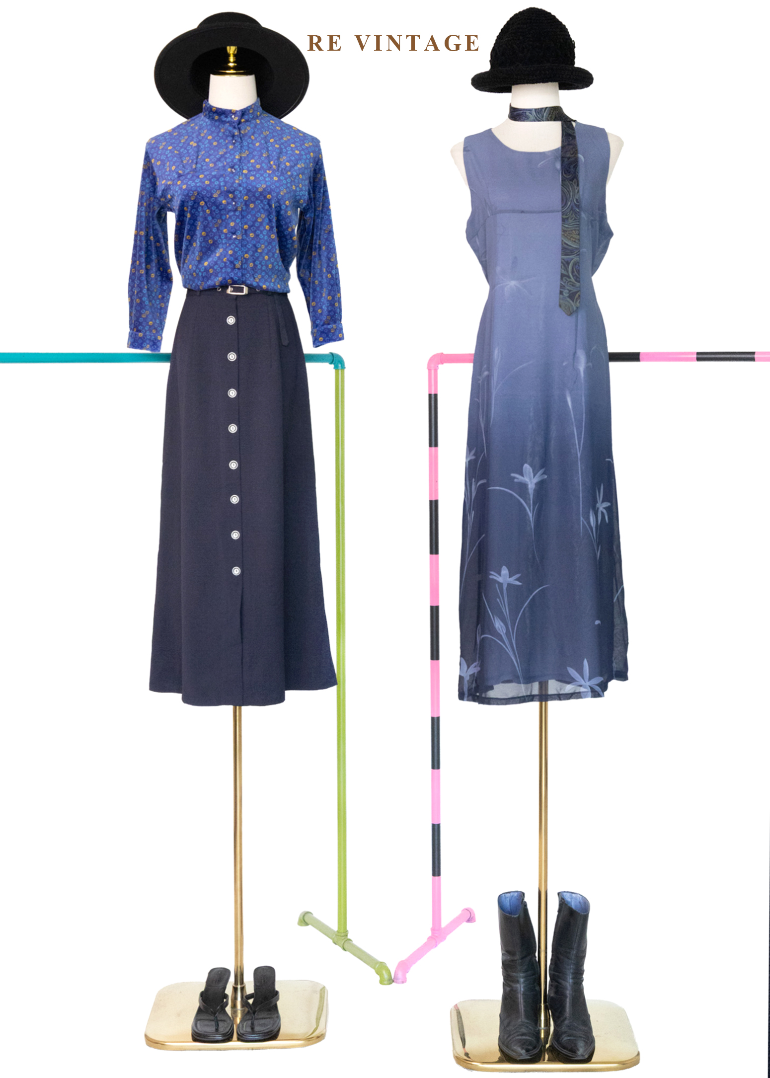 質感單品 - 黑白釦高腰藍裙(24")2