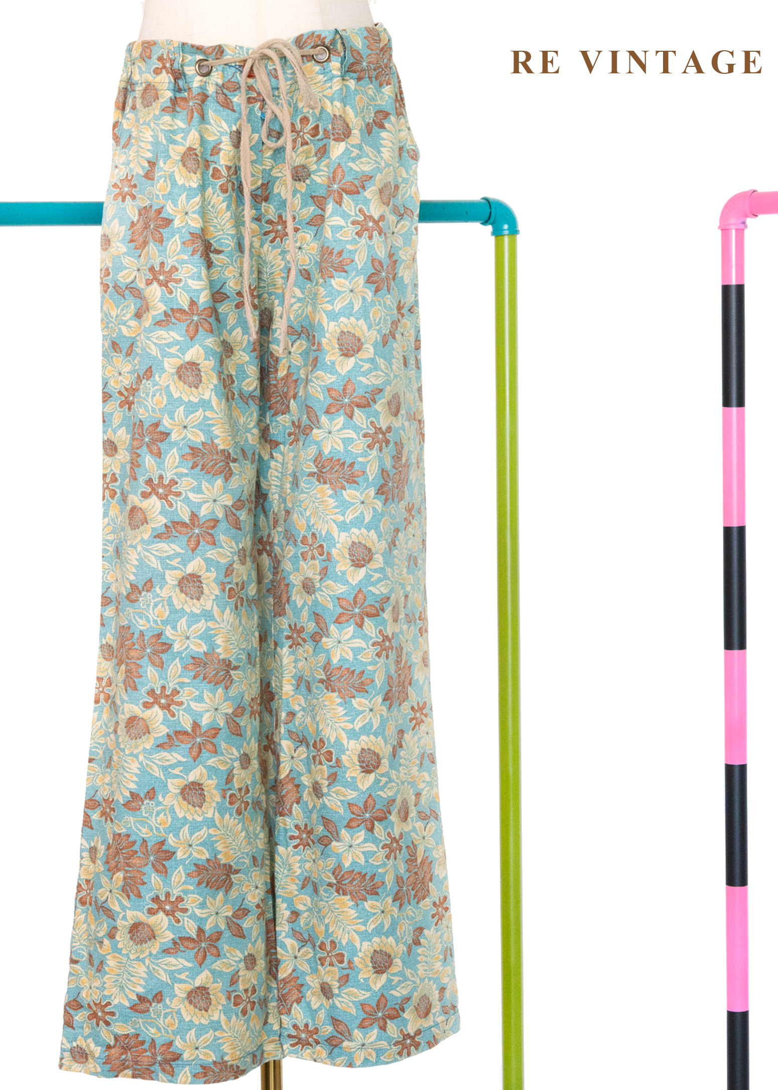 鄉村藍棕黃花慵懶午後寬版直筒褲（24-32"）