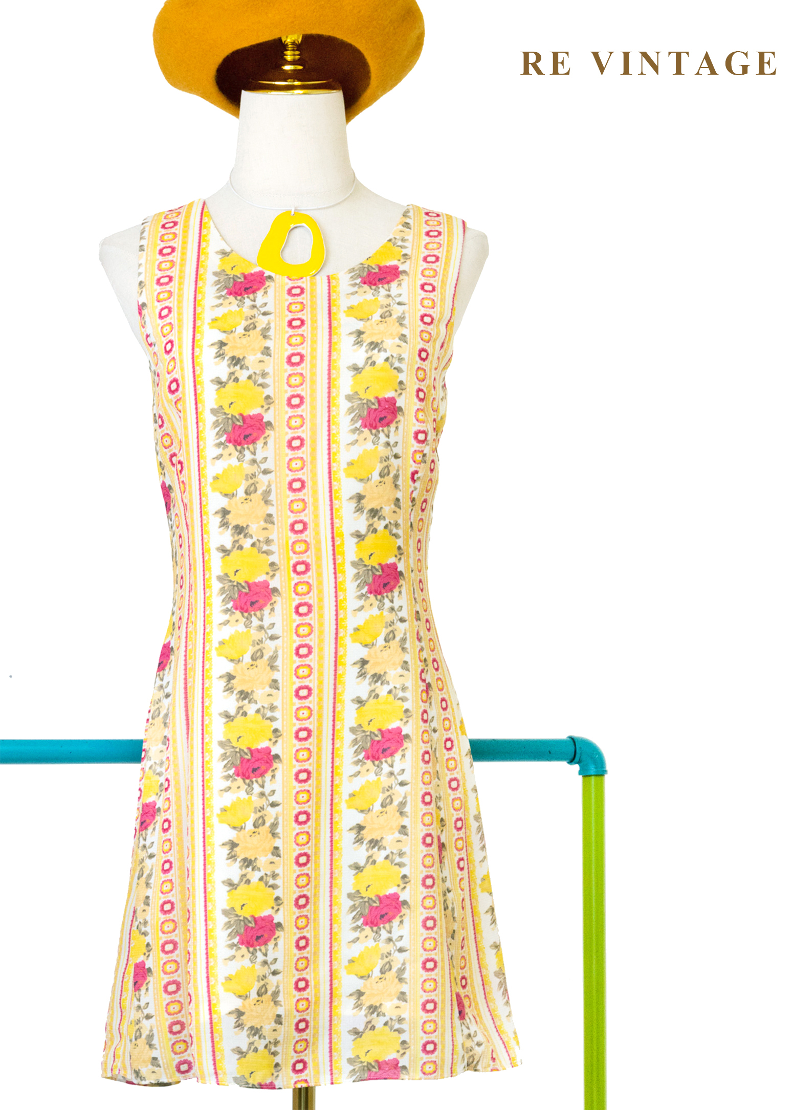 奶油檸檬黃線條粉紅玫瑰迷你洋裝