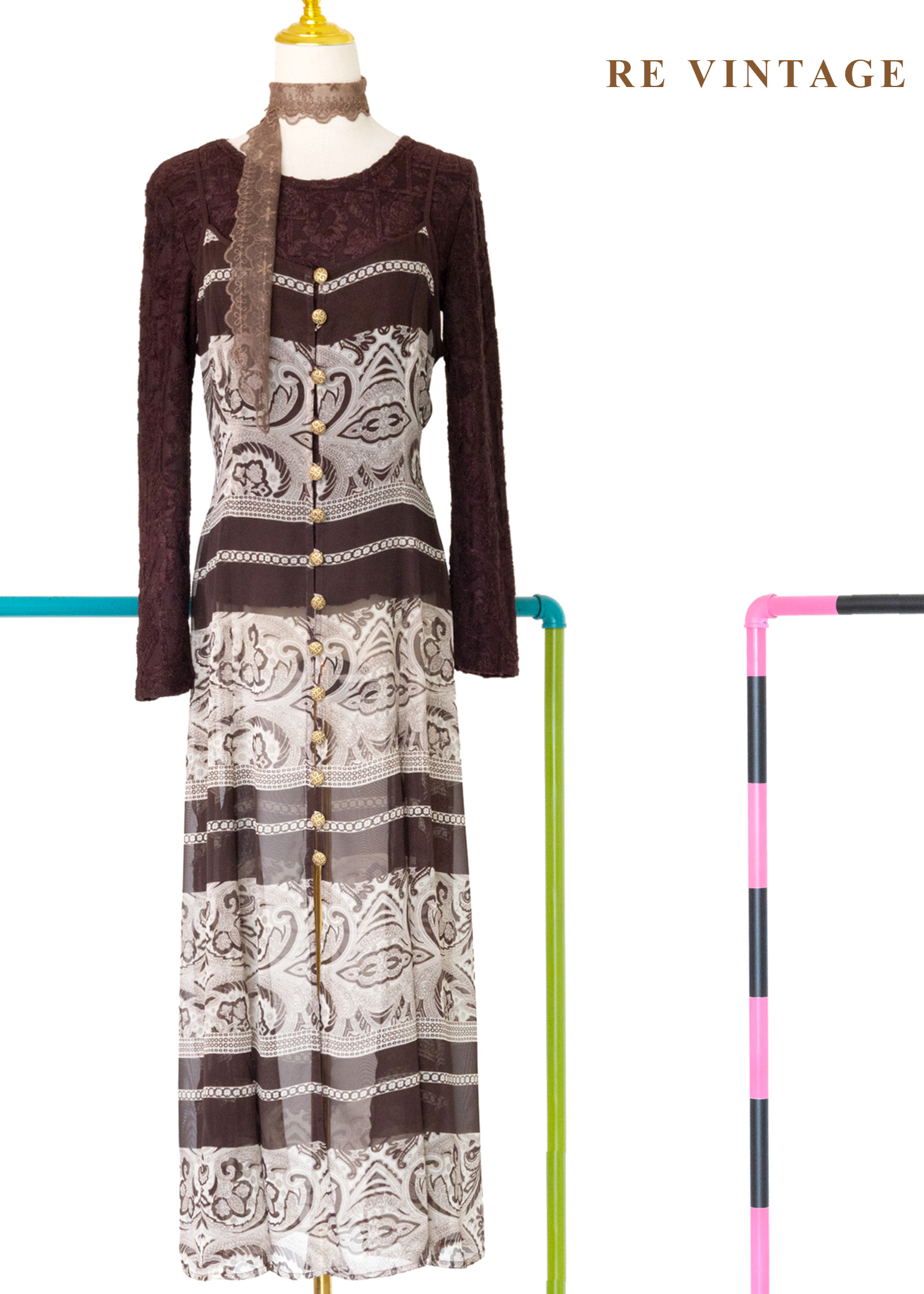 深咖啡色圖騰條紋雪紡細肩帶長洋裝