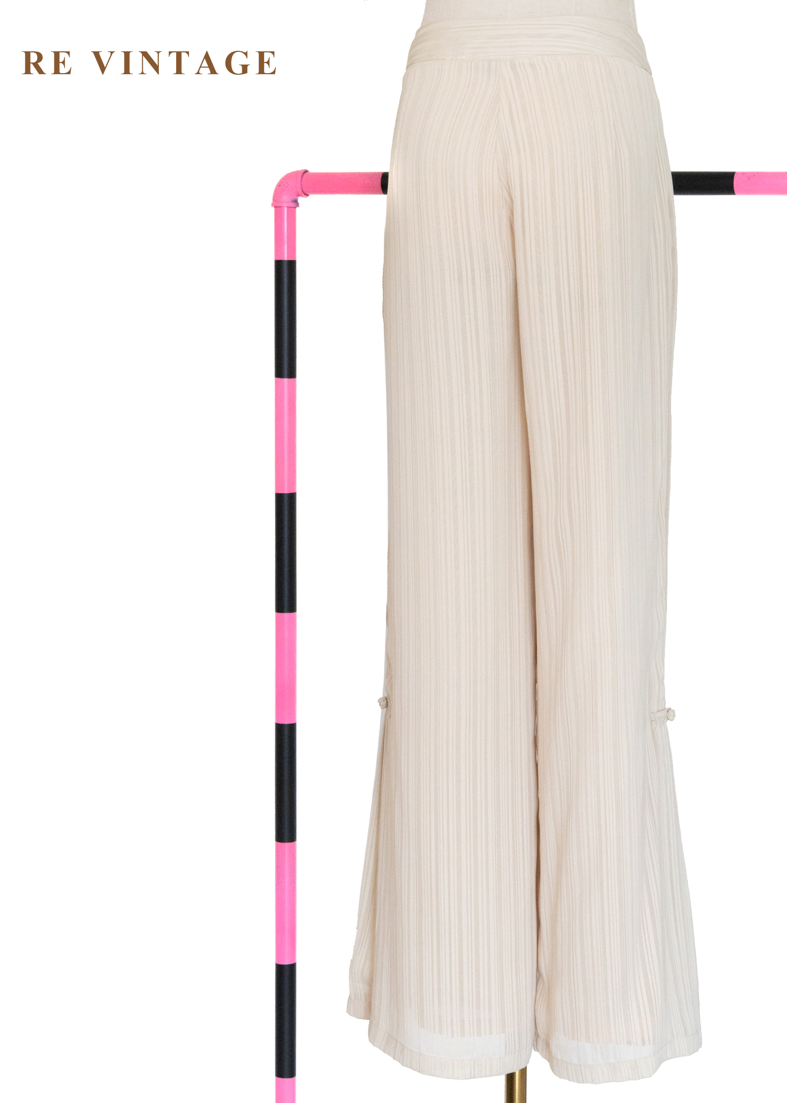 奶油白線條中國釦高腰直筒褲(27")8