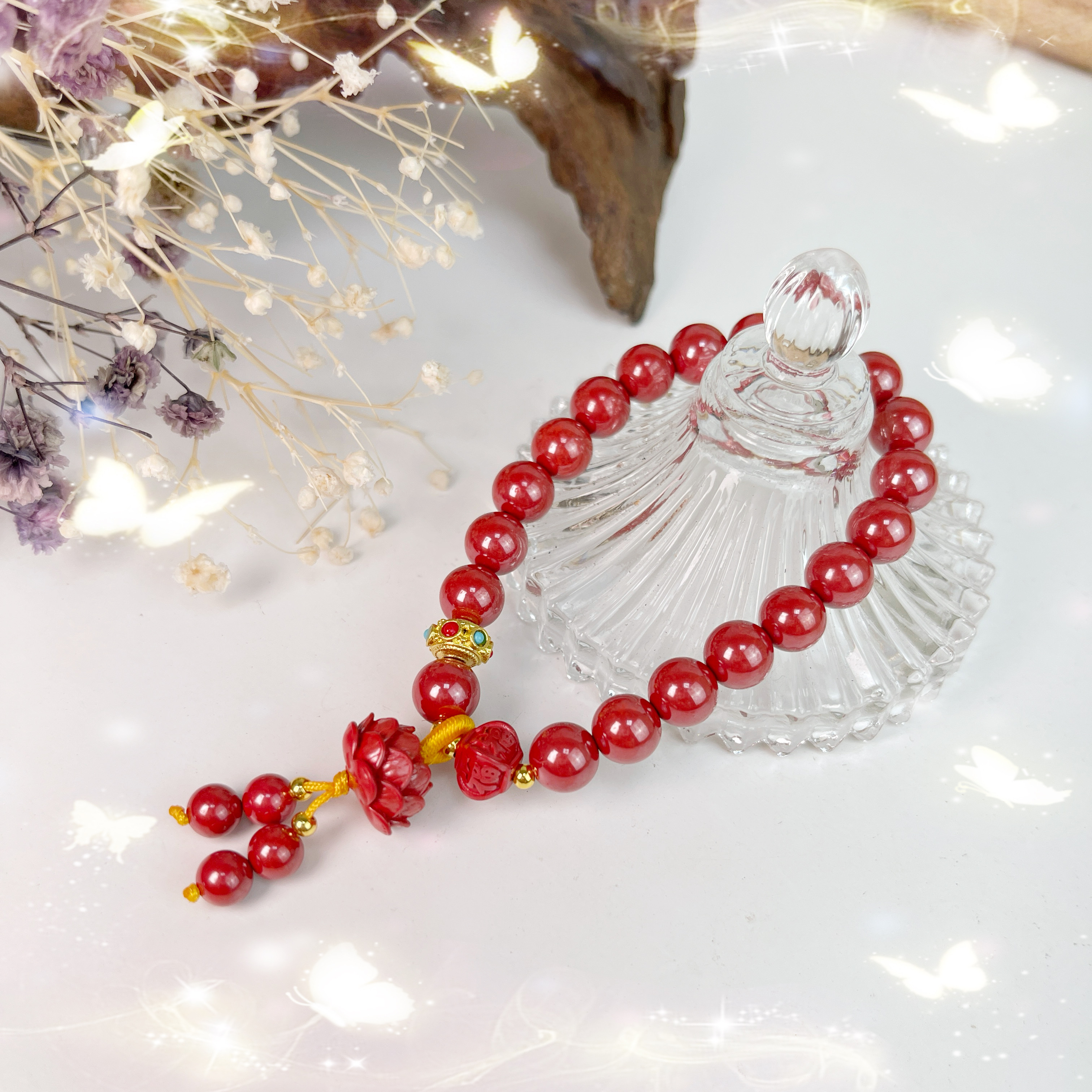 避邪擋煞 / 開運招財-《立體蓮花墜飾帝王砂硃砂手鍊》