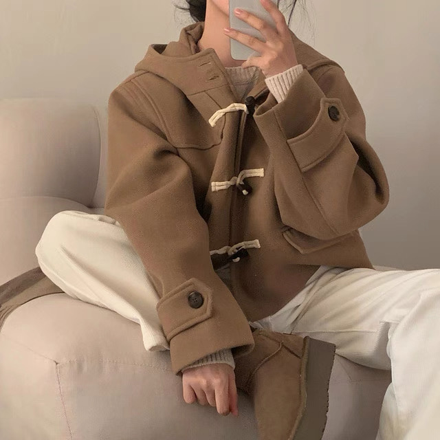 秋冬牛角扣毛呢連帽外套