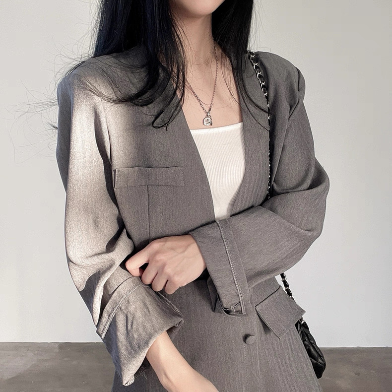 【套裝】無領西裝短版外套褲裙set 【套裝】無領西裝短版外套褲裙set
