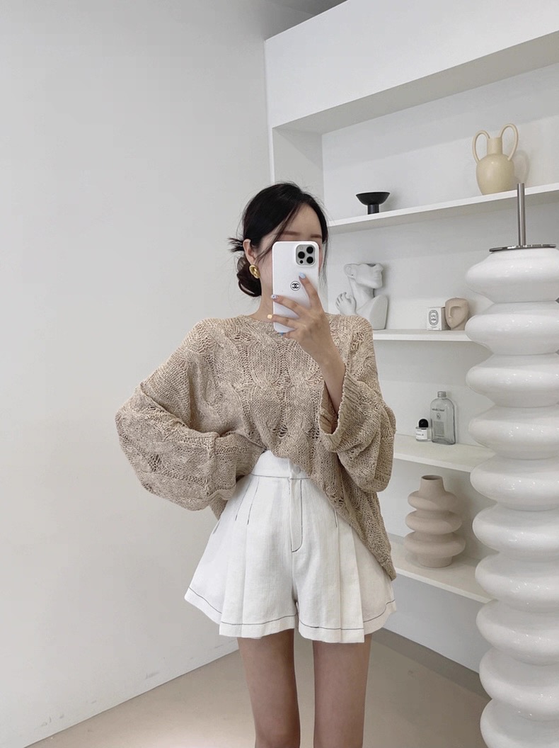 【預購】圓領麻花寬鬆透膚薄針織上衣