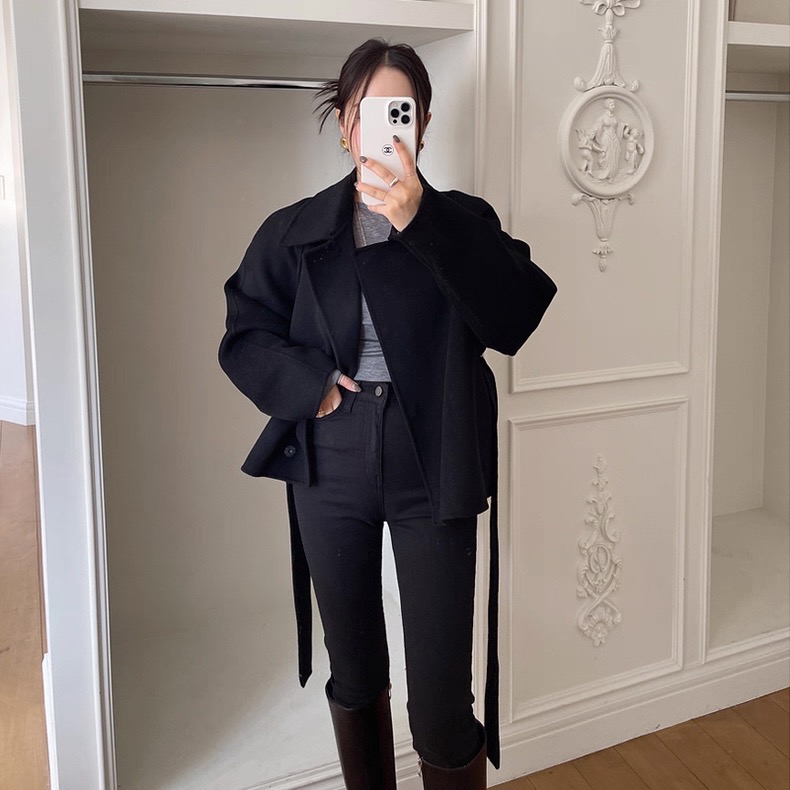 法式隱藏扣毛呢短版大衣外套(附綁帶)