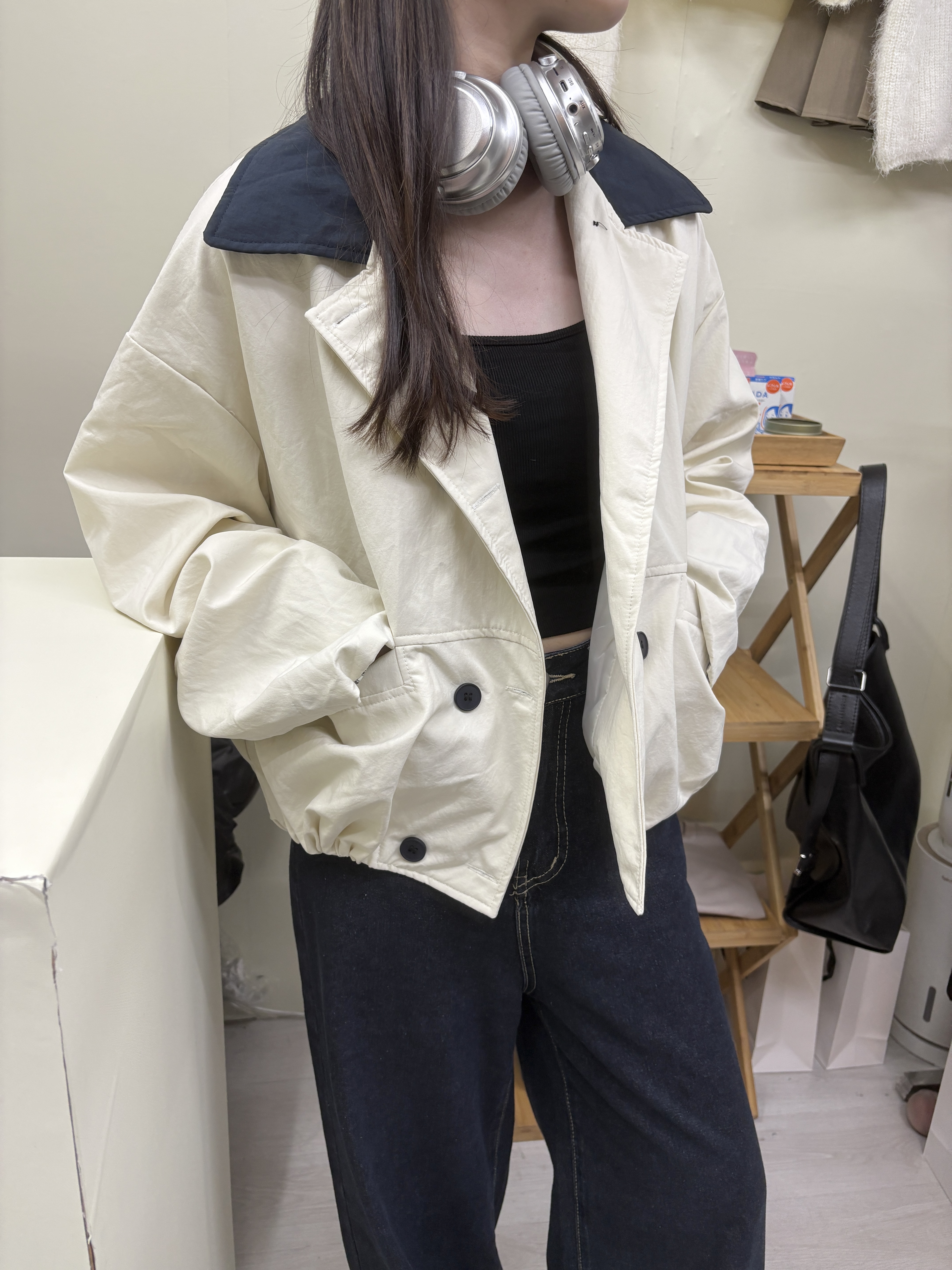 MADE IN KOREA🇰🇷學院風拼藍領黑扣外套