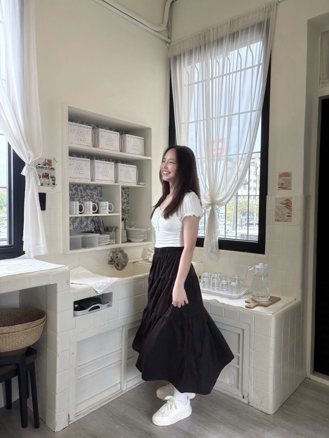 鬆緊薄麻蛋糕長裙