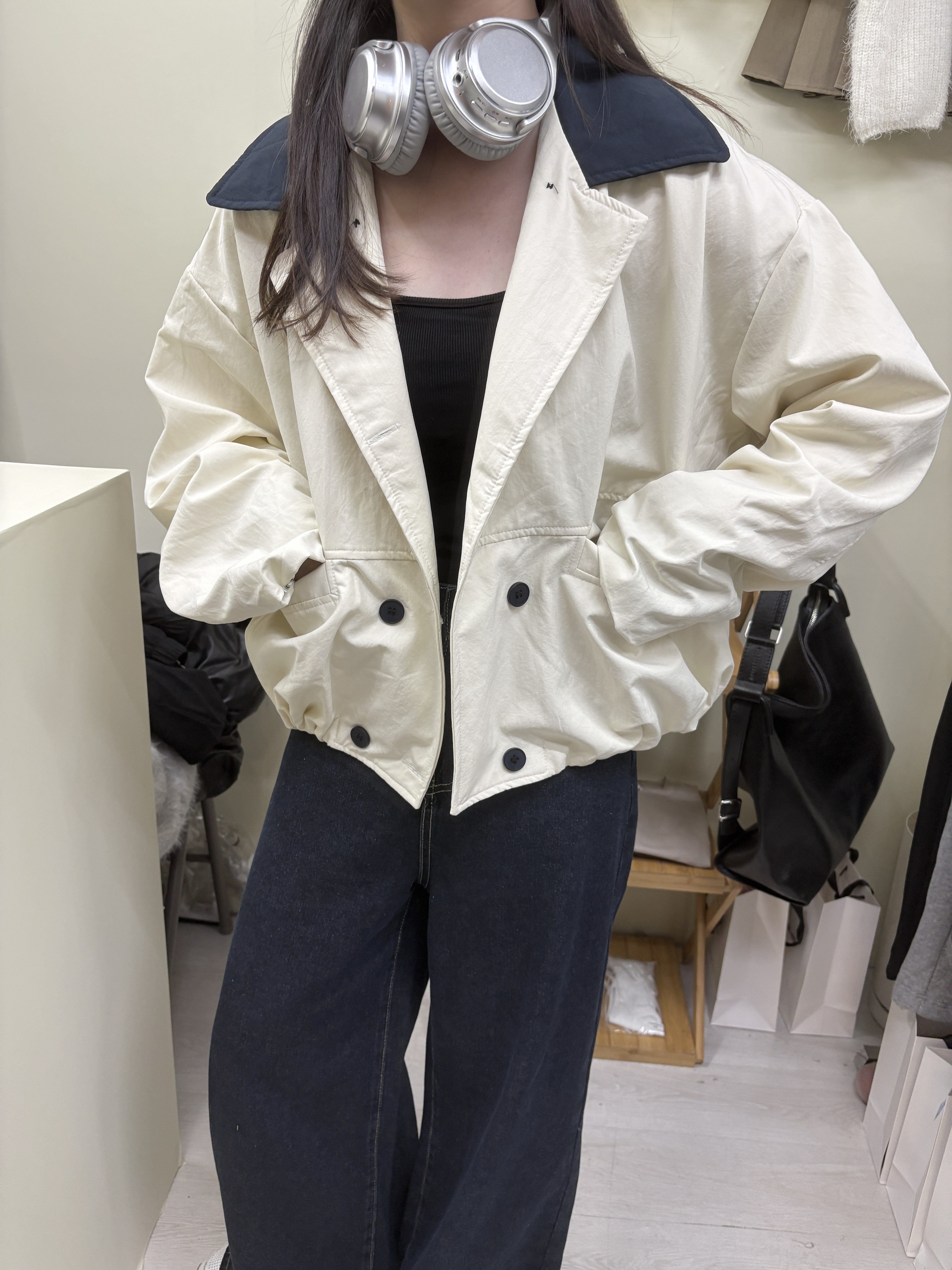 MADE IN KOREA🇰🇷學院風拼藍領黑扣外套