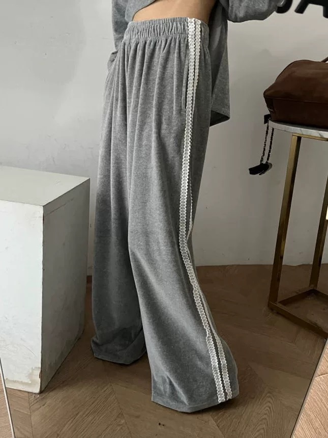 拼兩條蕾絲絨布休閒寬褲 拼兩條蕾絲絨布休閒寬褲