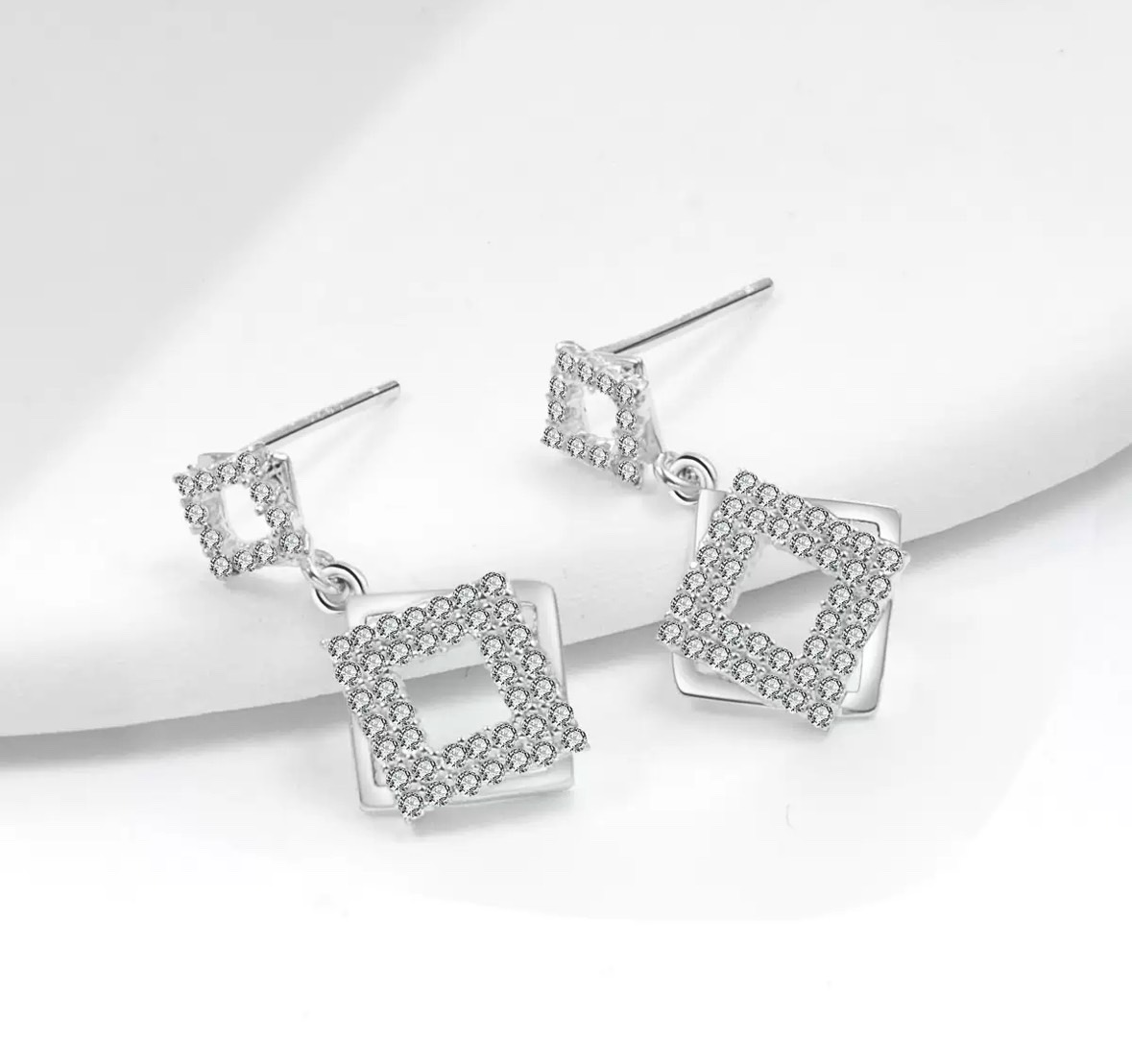 菱形S925純銀鋯石流蘇長款耳環