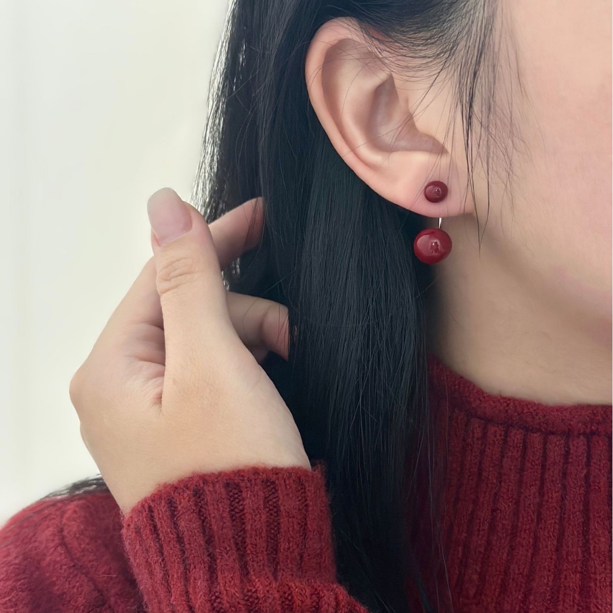 安可拉紅雙珠兩戴耳釘