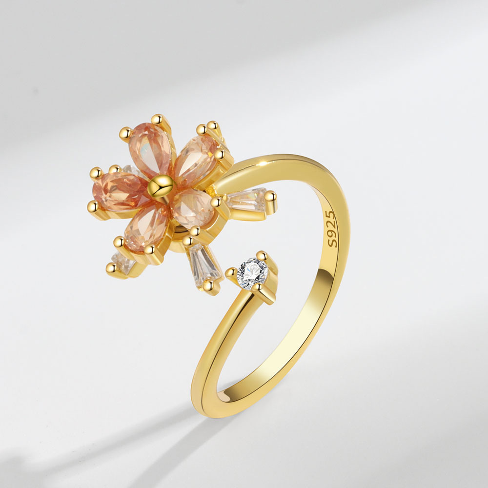 S925銀花朵旋轉戒指