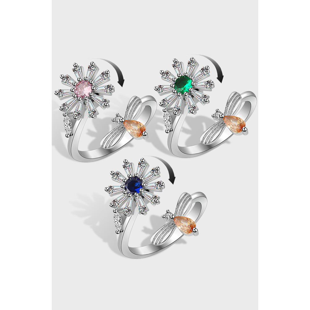 S925銀緩解焦慮壓力蜜蜂采蜜旋轉戒指